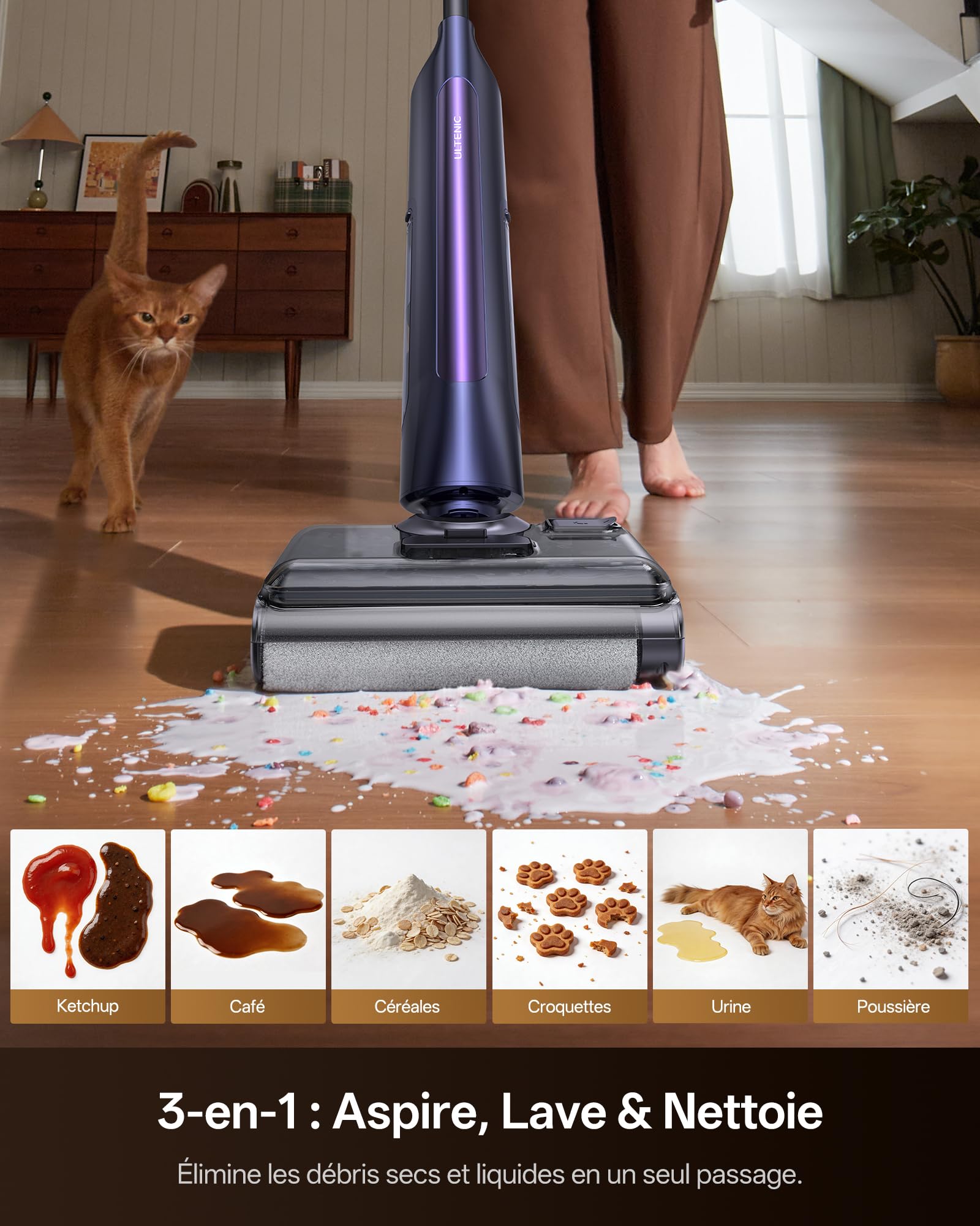 Ultenic AC1 Triflex Aspirateur Laveur, Aspirateur Sec Humide pour Sols durs, Nettoyage des Bords 0mm, Auto-Nettoyage Automatique, 55 Min, avec Voix Intelligente et Anti-Emballage de Cheveux