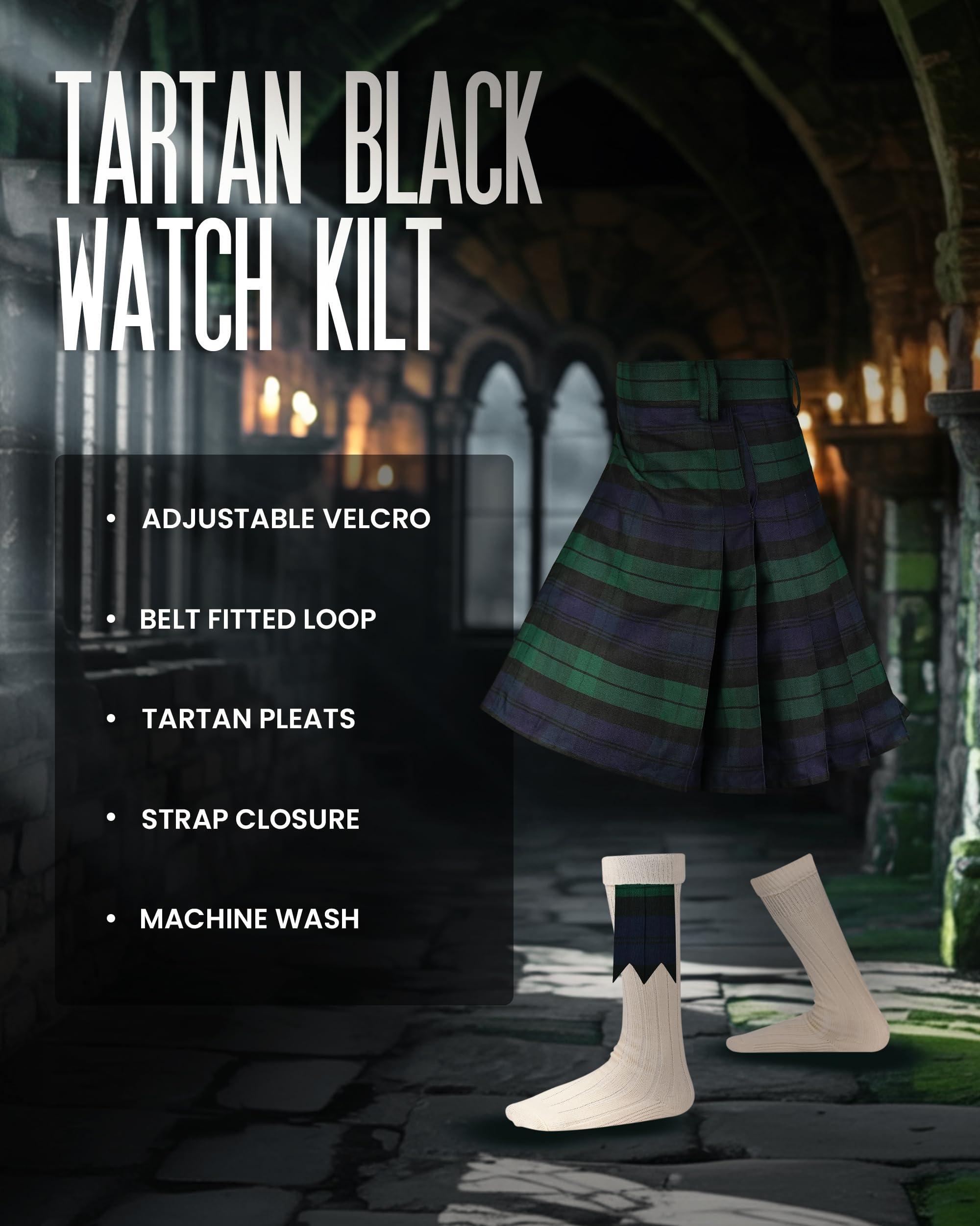 Sport-Kilt für Herren – Schottisches Schottenkaro, athletischer Kilt aus Polyviskose, Klettverschluss, Herren-Kilt mit kostenlosen Blitzen