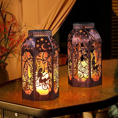 Miniatura 2 de Paquete de 2 faroles de hadas de bronce y faroles de hadas blancos para exteriores, impermeables, colgantes, luces solares de hadas para decoración