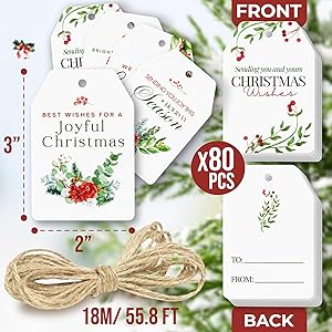 Woodamore Merry Christmas Gift Tags with String - 80 Pcs Christmas Name Tags for Gifts, Bulk Christmas Tags for Gifts with String, Happy Holiday Gift Tags for Presents, Modern Paper Xmas Label