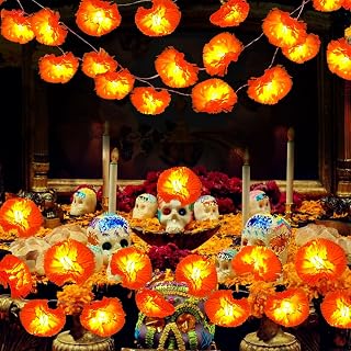 3 Pack Lighted Marigold Garland Dia de Los Muertos Decorations-17FT 30 Led Artificial Marigolds Flowers Day of The Dead Decorations for Fall Halloween Fireplace Diwali Indian Party