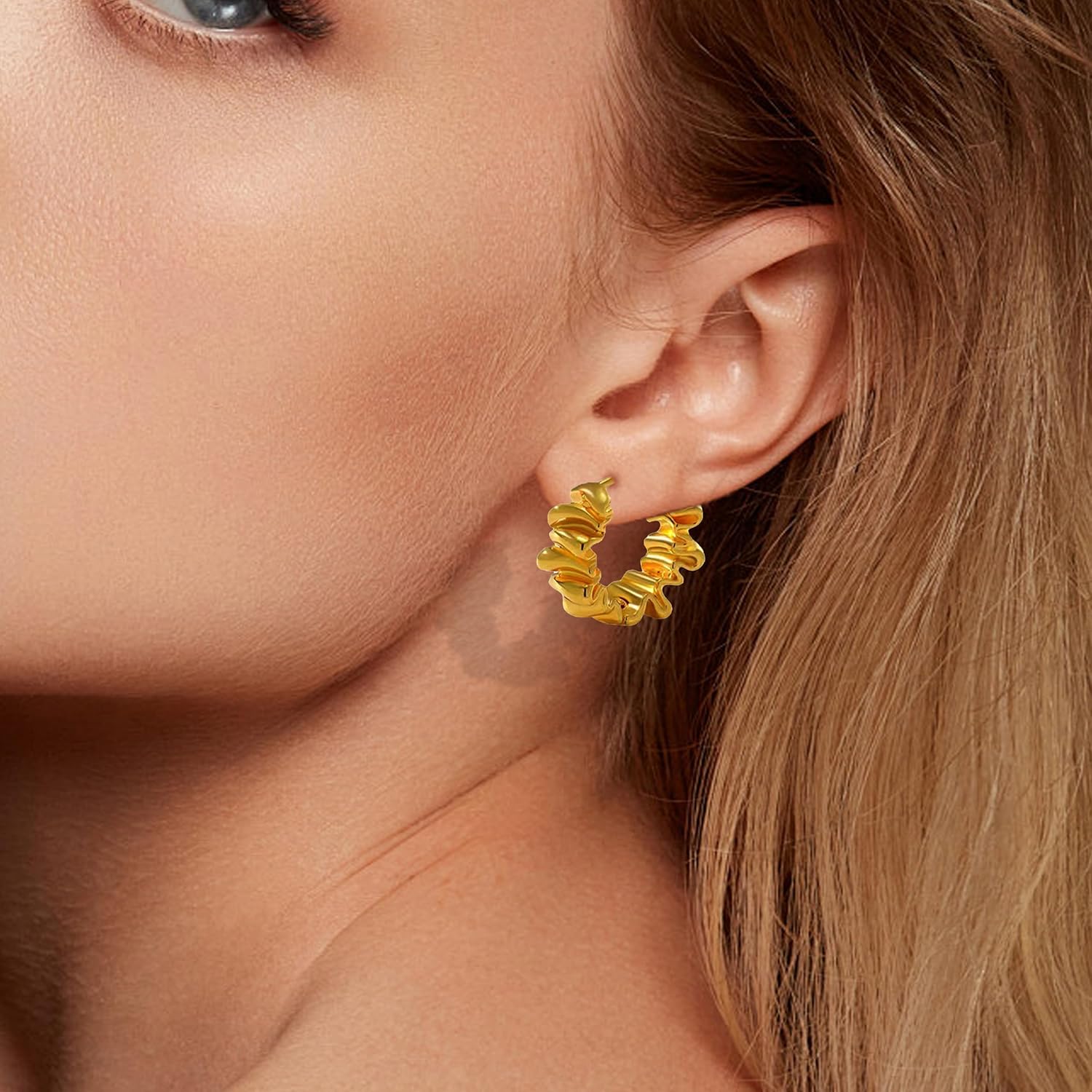 Chunky Hoop Earrings for Women Trendy 14k Gold Plated Irregular Hoop Earrings Twisted Hoop Earrings Lightweight Geometric Statement Earrings Fashion Gold Jewelry Gift - Image 2