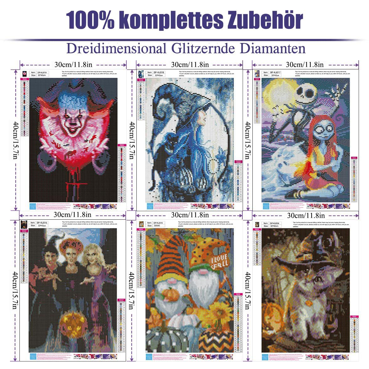 Diamond Painting - Set di 4 quadri per Halloween, con diamanti 5D, per adulti, gatto, zucca e strega, fai da te con diamanti d'amore, scheletro, farfalla, per decorazione della parete della casa