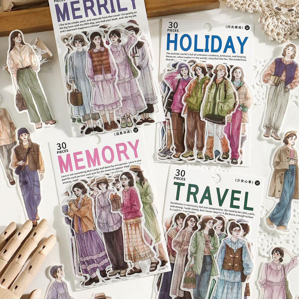 Autocollants scrapbooking repositionnables en washi mat transparent avec illustrations filles