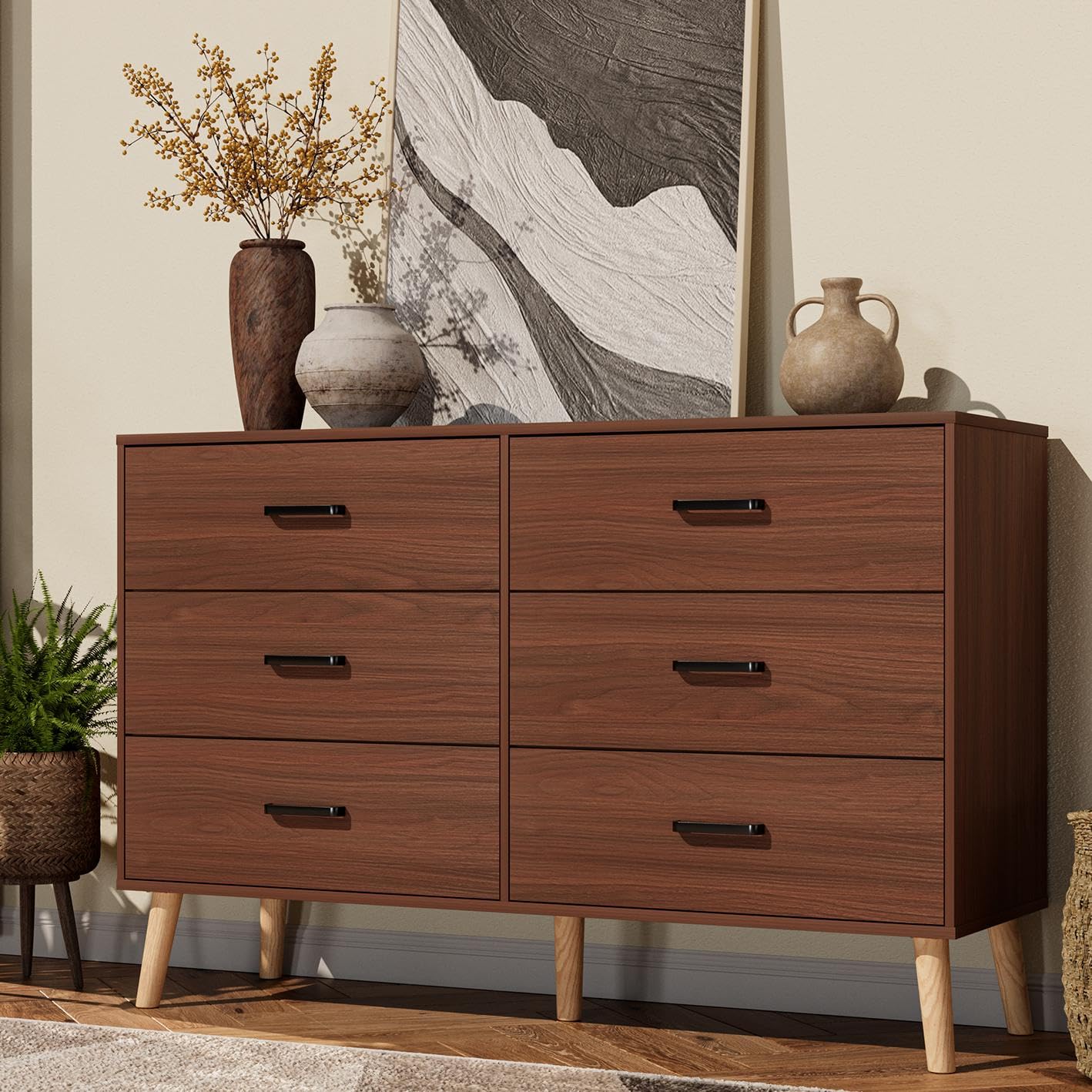 modern brown dresser Modern Solid Wood 6-Drawer Dresser with Metal Handles main image 1