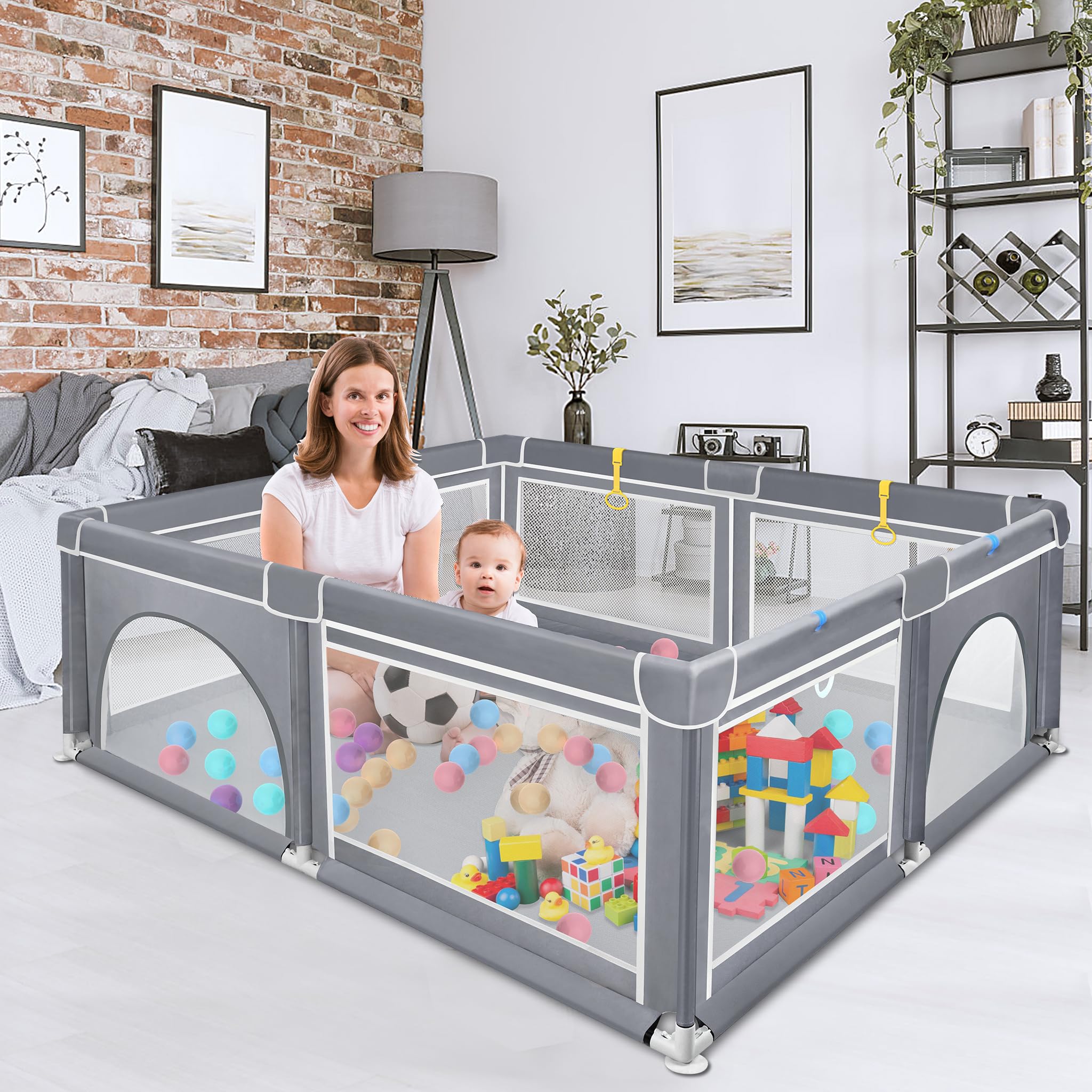 UISEBRT Parque infantil con base antideslizante y red transpirable y 50 pelotas, rejilla de barrera estable, centro de actividades para niños, gris oscuro – 150 x 180 cm