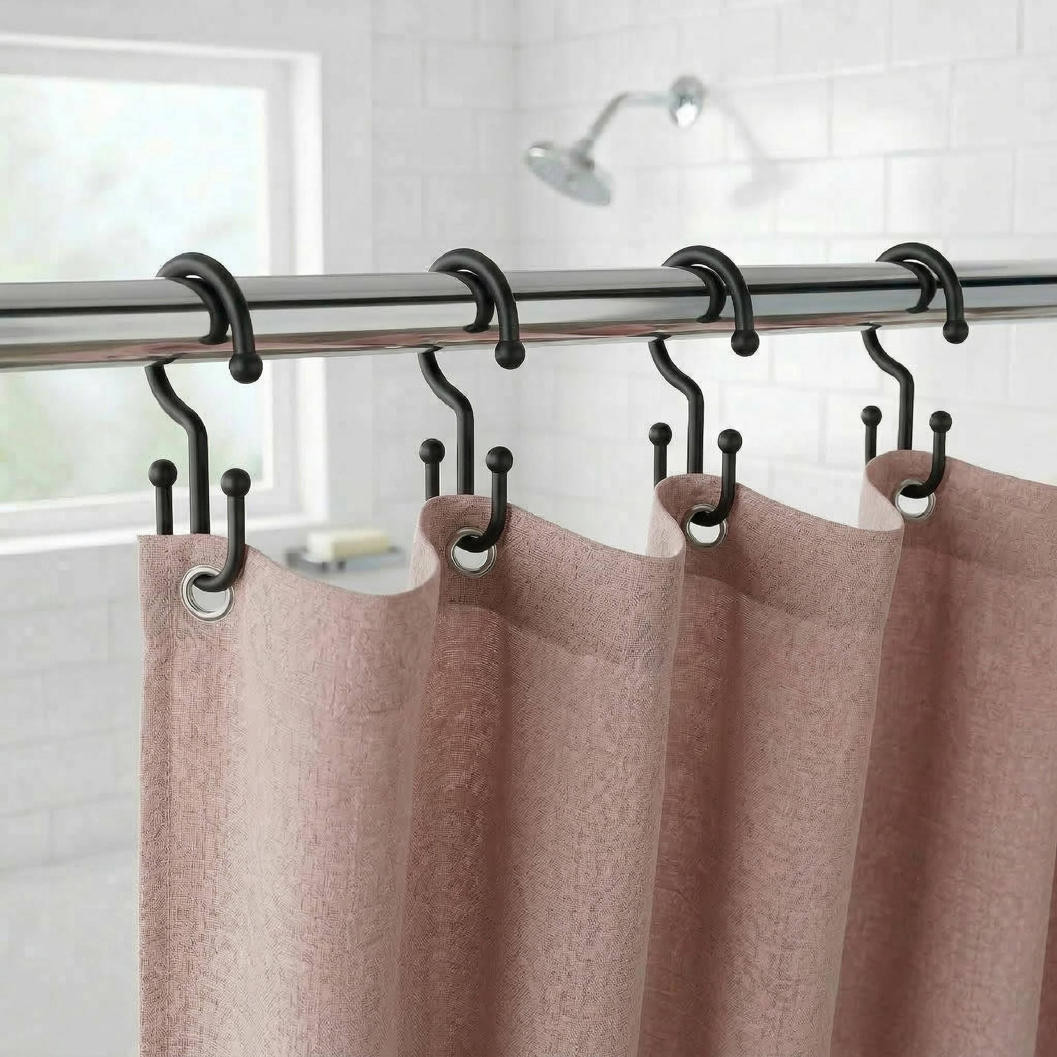 Bathway Plastic Double Shower Curtain Hooks,12Pcs Bathroom Shower Curtain Hooks, Smooth Sliding, Easy to Use, Multi-Functional Rings for Shower Curtain, Black - 3