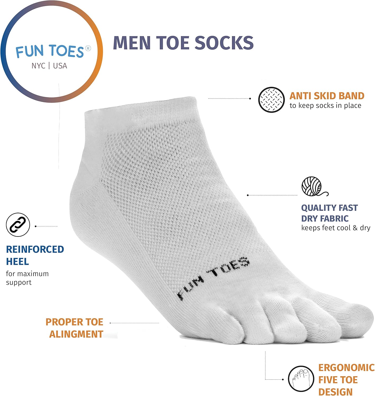 FUN TOES Mens Toe Socks Barefoot Running Lightweight -Value 6 Pairs Pack- Size 6-12
