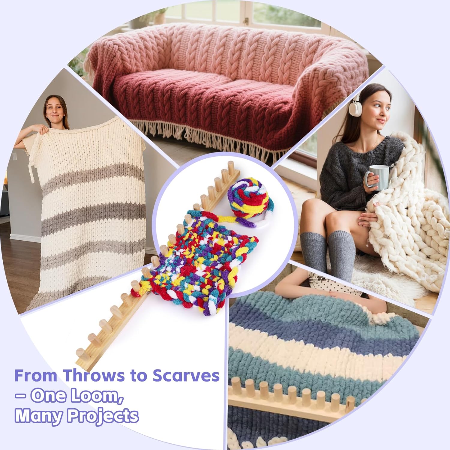 Reessy Wooden Loom for Chunky Blanket – 40” Chunky Knitting Blanket Loom & Afghan Loom Kit – 3-in-1 Solid Wood Chunky Yarn Loom for DIY Blanket, Throws & Big Yarn Knitting Projects