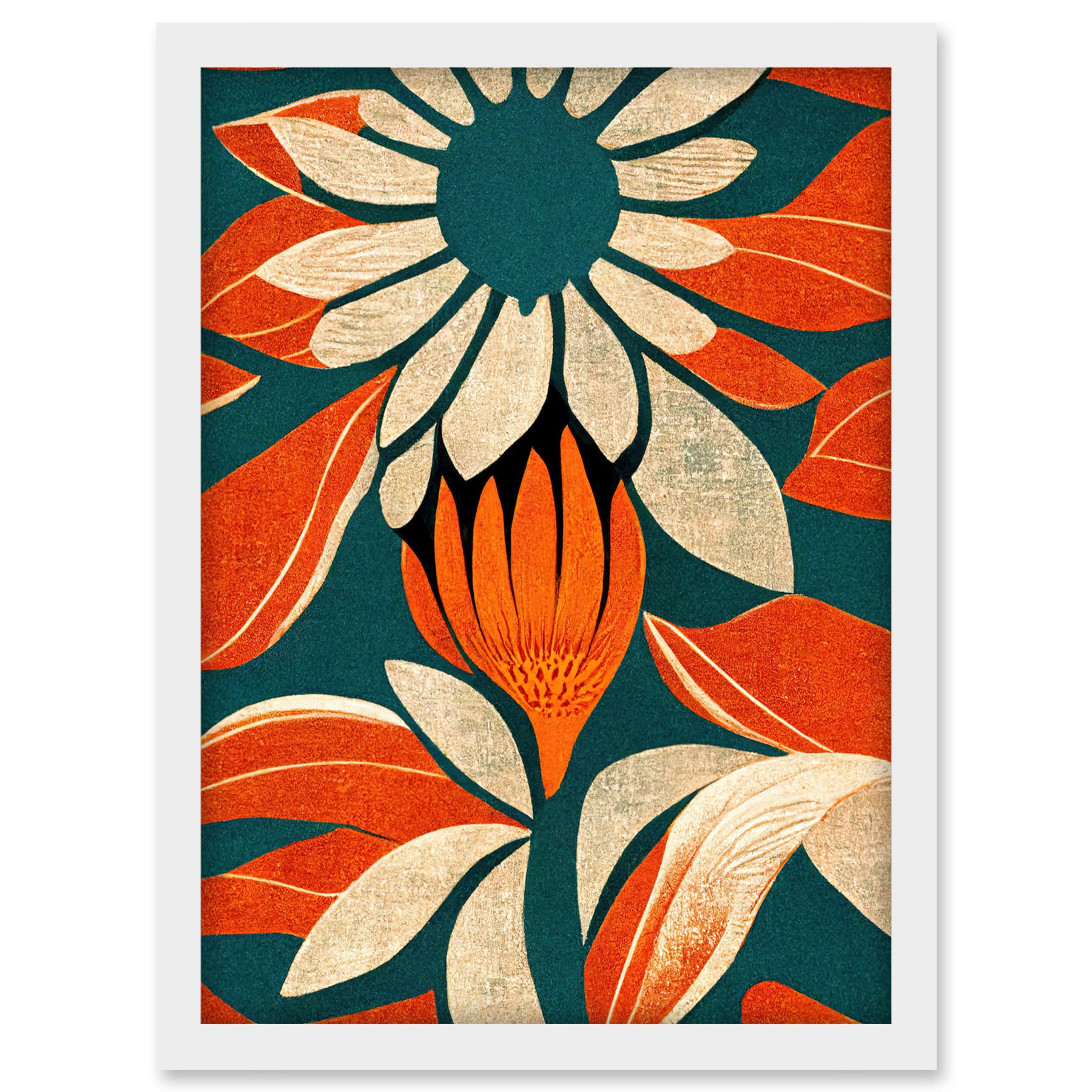 Doppelganger33 LTD Flower Design Teal Orange Abstract Linocut Artwork Framed A3 Wall Art Print