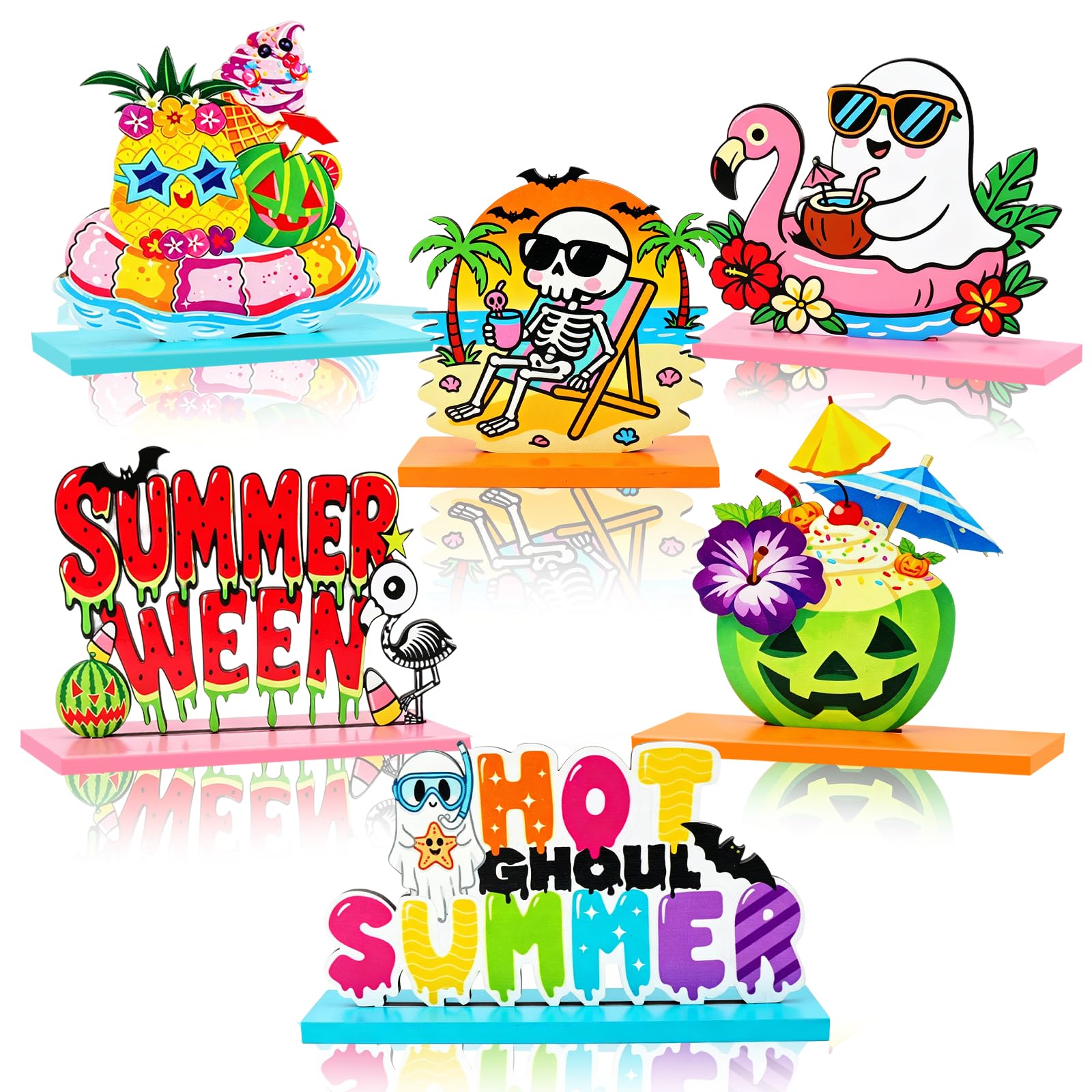 6 Pcs Summerween Wooden Table Centerpieces, Spooky Beach Skeleton Flamingo Tabletop Sign, for Home Kitchen Office Desk Shelves