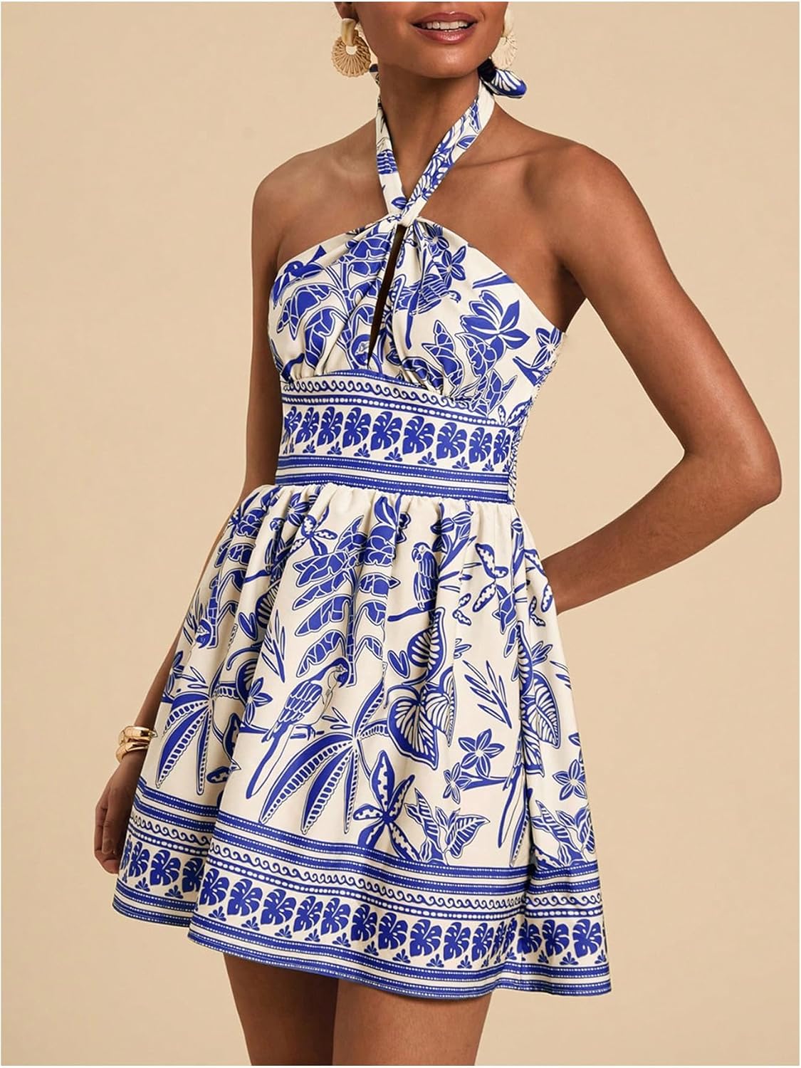 SOLY HUX Tropical Vacation Dress for Women Halter Tie Backless Sundress Sleeveless A Line Short Summer Dresses - Image 3