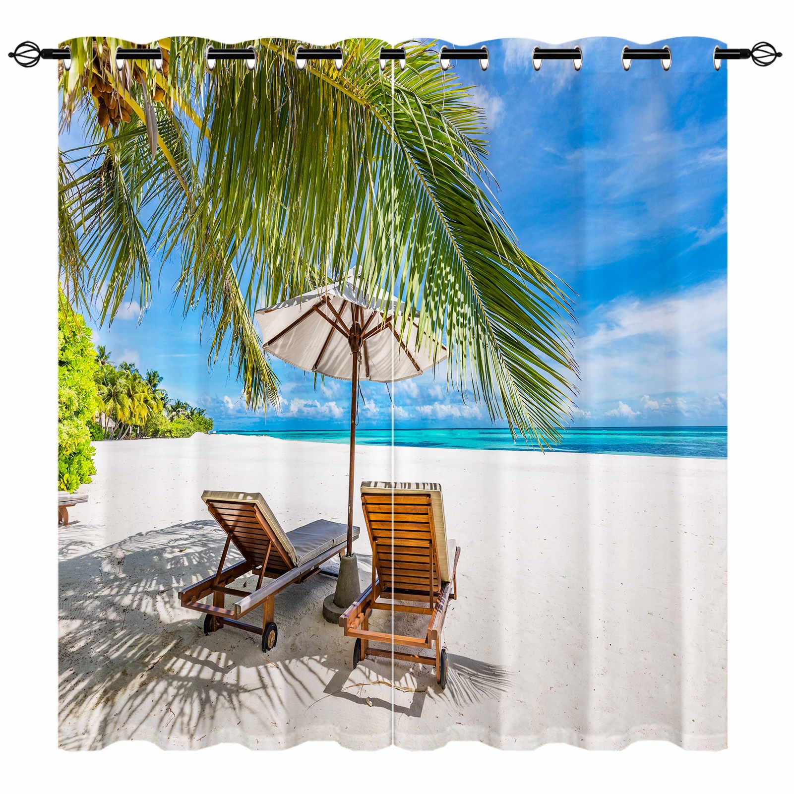 YUANZU Beach Scene Curtains - Tropical Nature with Lounge Chairs Palm Trees Print Pattern Eyelet Thermal & Room Darkening Blackout Window Drapes for Bedroom Living Room 2 Panels W229cm x D229cm — image 1