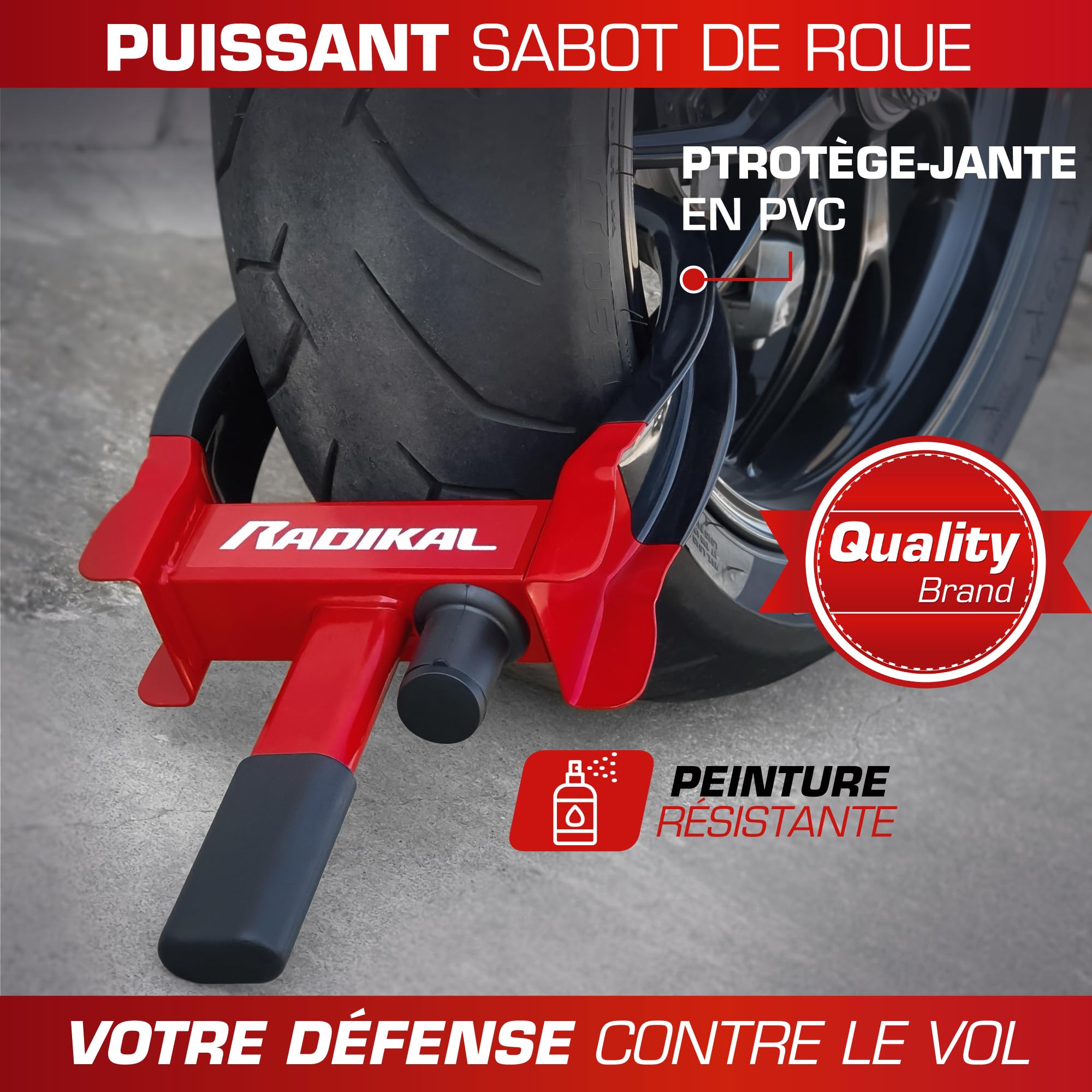 RADIKAL RK1001 Antivol Voiture Sabot Roue Premium, Antivol Remorque Bloque Roue, Serrure Anti-Perçage, Robuste Griffe de Pneu Sécurité Antidémarrage, Réglable 18-29 Universel Auto Camping Car Caravane