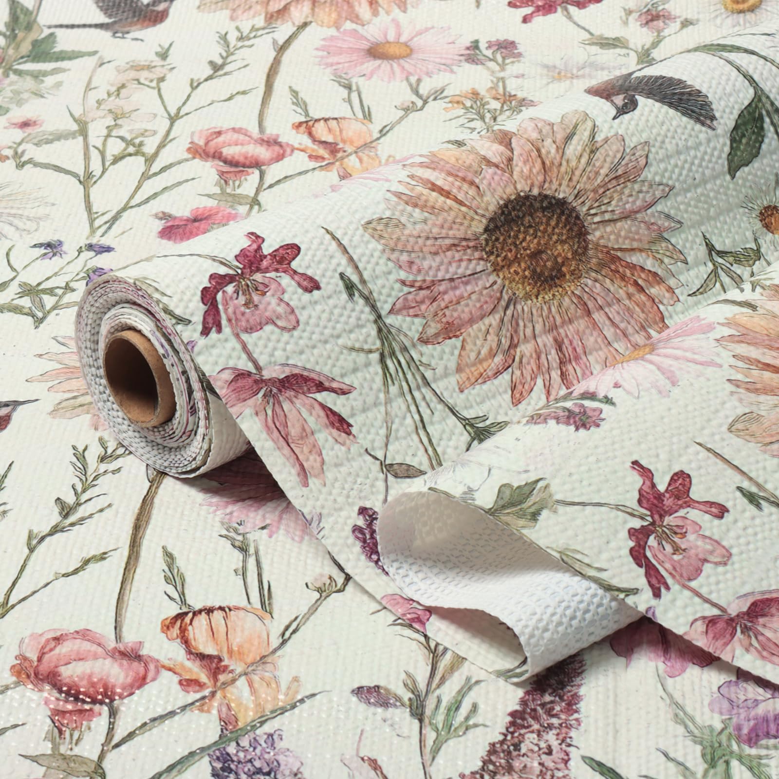 Floral Drawer and Shelf Liner for Kitchen Cabinets Non-Adhesive Drawer Liner Non-Slip Daisy Shelf Liners Strong Grip Waterproof Easy to Clean Cabinet Liners for Dresser Cupboard 12IN × 10FT