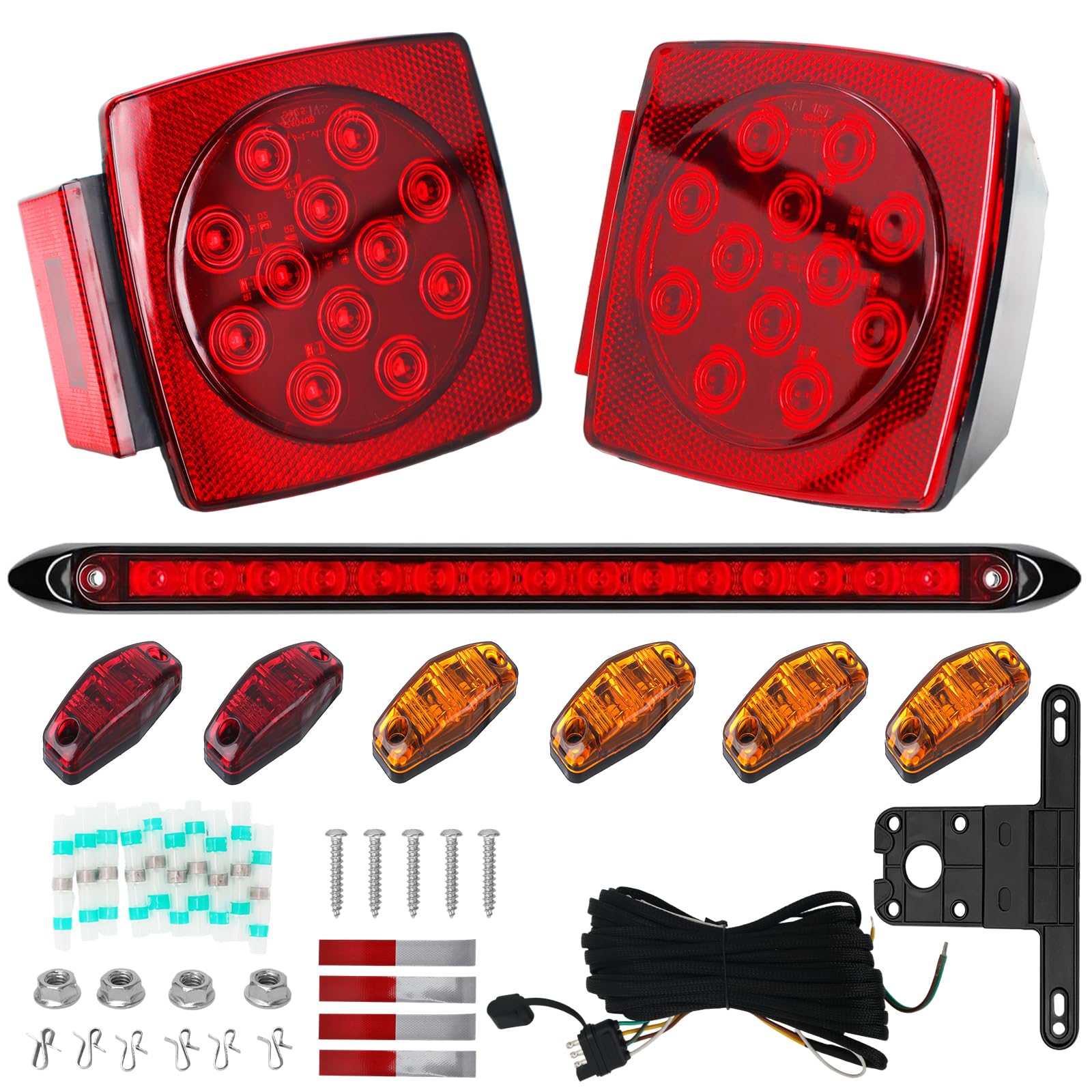 LED Trailer Light Kit, IP67 Submersible Trailer Lights 12V DOT, Stop/Tail/Turn Boat Trailer Lights with 13.7" ID Bar, 6 Marker Lights, 25 ft Protective Wiring Harness, License Plate Bracket