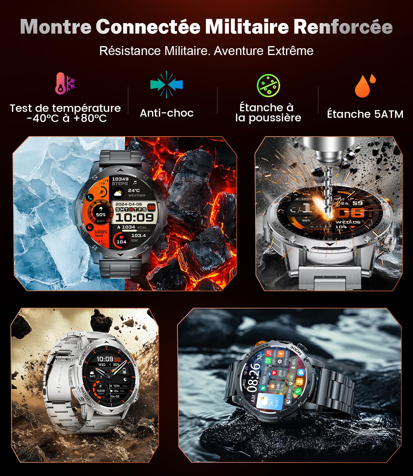 Reloj Inteligente Hombre,1000mAh,3 Correas,1.75" HD Smartwatch Hombre Militar con Llamadas LED Linterna 5ATM Impermeable 120+ Modos Deportivos Podómetro Pulsera Actividad Android iOS Negro
