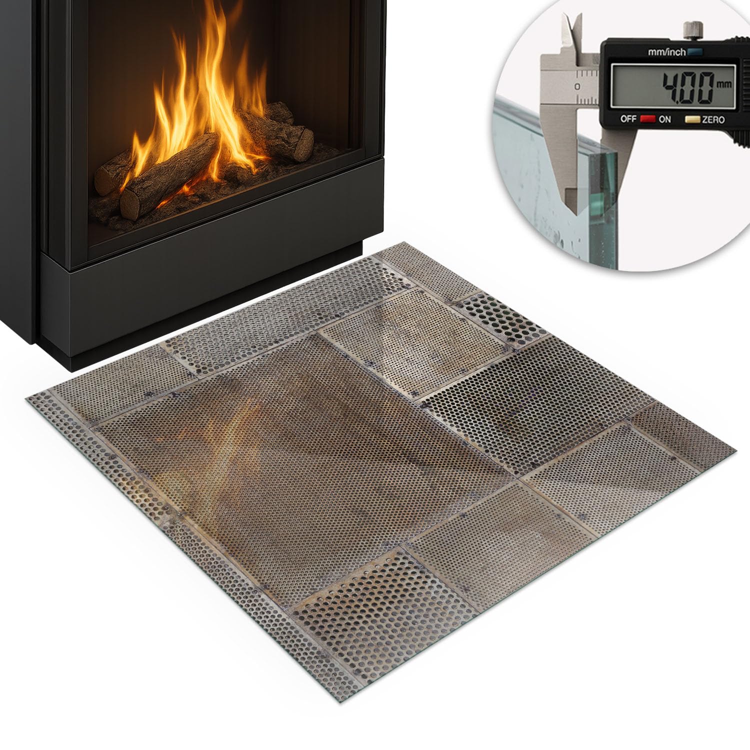 Piastra per camino e stufa 60x60 cm Resistente alle Alte Temperature Resistente a Scintille Design Elegante Protezione del Pavimento di Vetro Temperato Quadrato - Modello di lamiera forata
