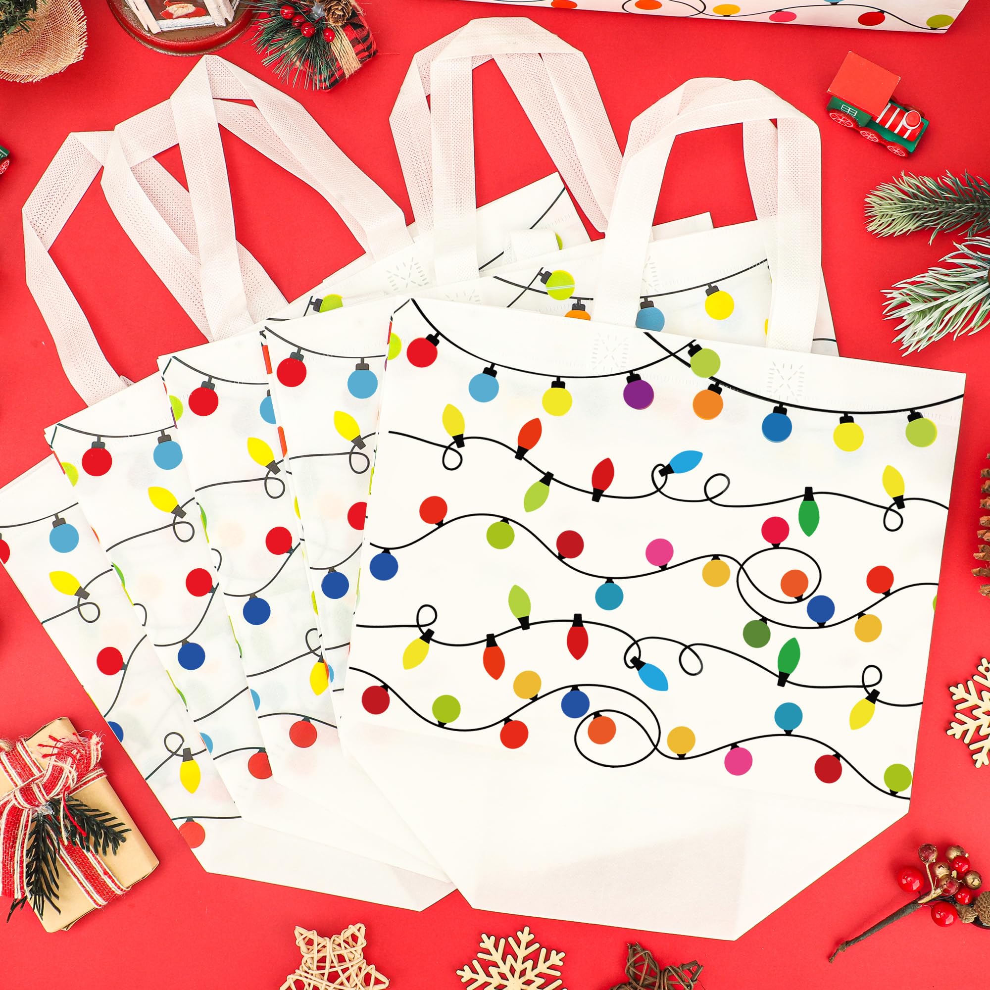 12 sacchetti regalo natalizi in tessuto non tessuto, con luci colorate, riutilizzabili, con manici, sacchetti per regali di Natale, feste, bomboniere, forniture per confezioni regalo, 32 x 24 x 17 cm