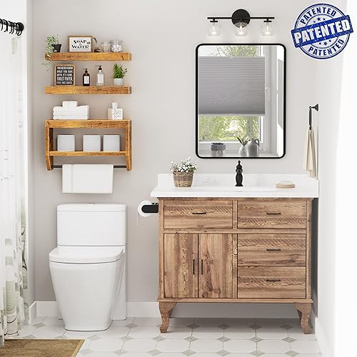 Miniatura 2 de QEEIG Estantes flotantes de baño para pared, estante sobre papel higiénico de 16 pulgadas, juego de 3, marrón rústico (028-40BN3)