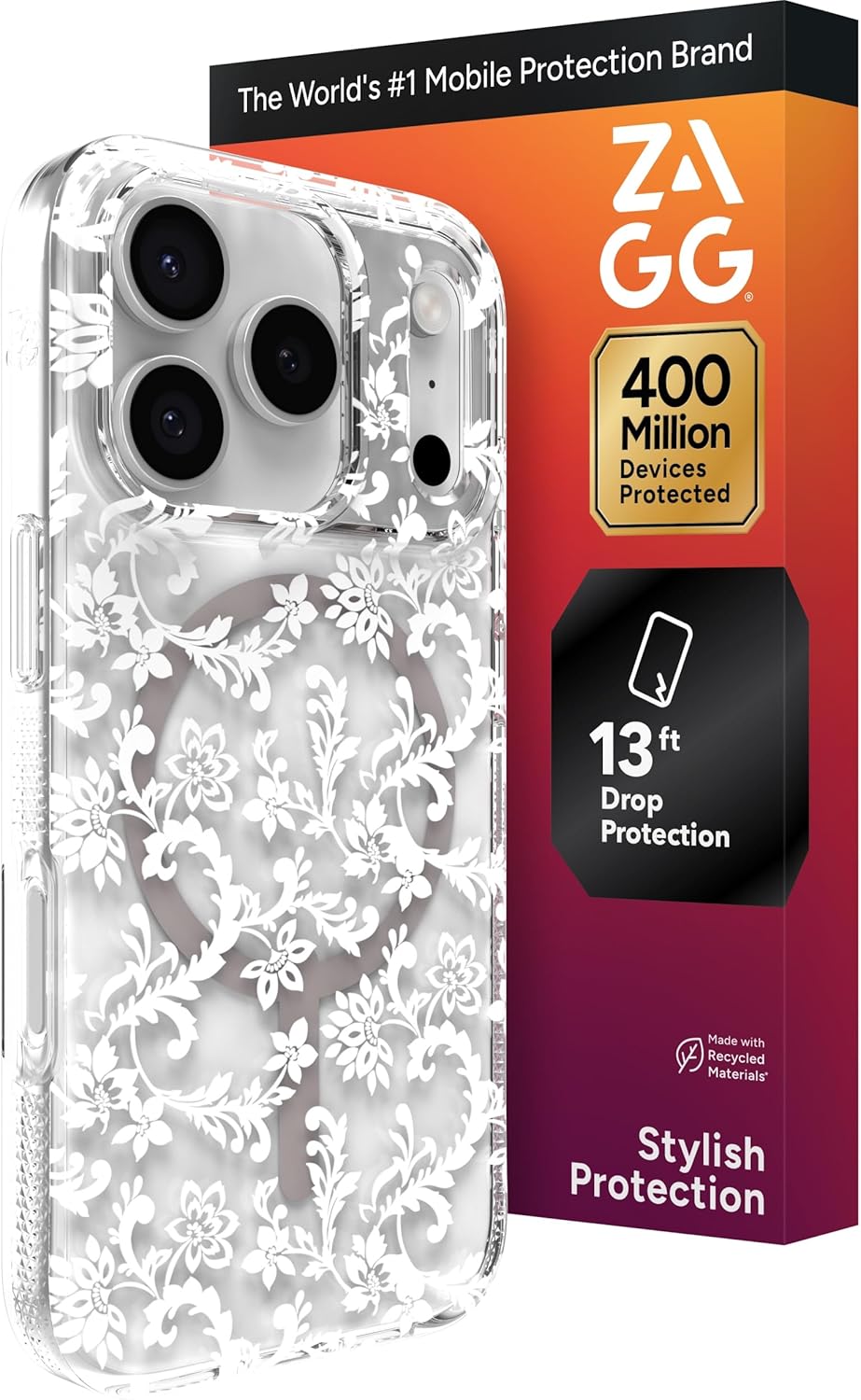 ZAGG Milan Snap Case for iPhone 17 Pro - White Boho Blossom, Graphene Strengthened Phone Case with Drop Protection (13ft/4m), Textured Edges & Sparkle Design, MagSafe Charging Compatible
