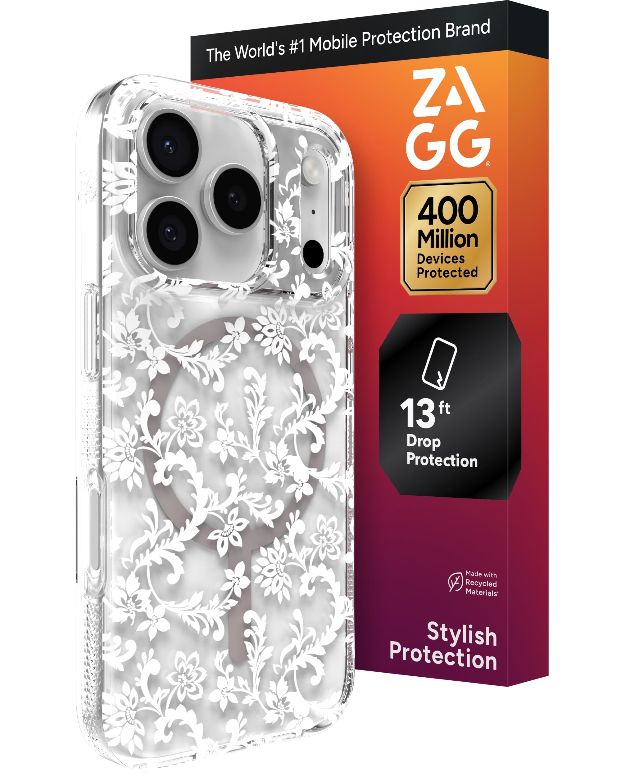 ZAGG Milan Snap Case for iPhone 17 Pro - White Boho Blossom, Graphene Strengthened Phone Case with Drop Protection (13ft/4m), Textured Edges & Sparkle