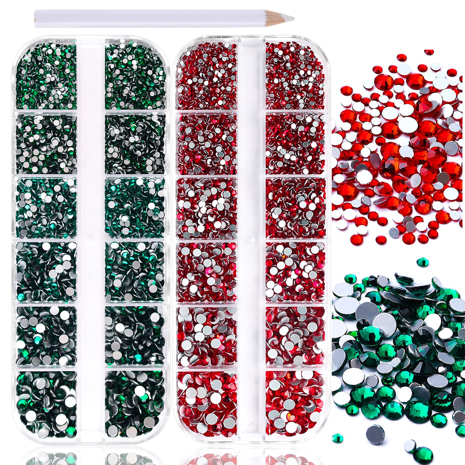 3000pcs Emerald Green Rhinestones for Nails Red Rhinestones for Nails Flat Back Gems Round Crystal 6 Sizes (1.5-4mm) with Picking Pen for Crafts Clothes Shoes Jewelry Emerald Green & Red