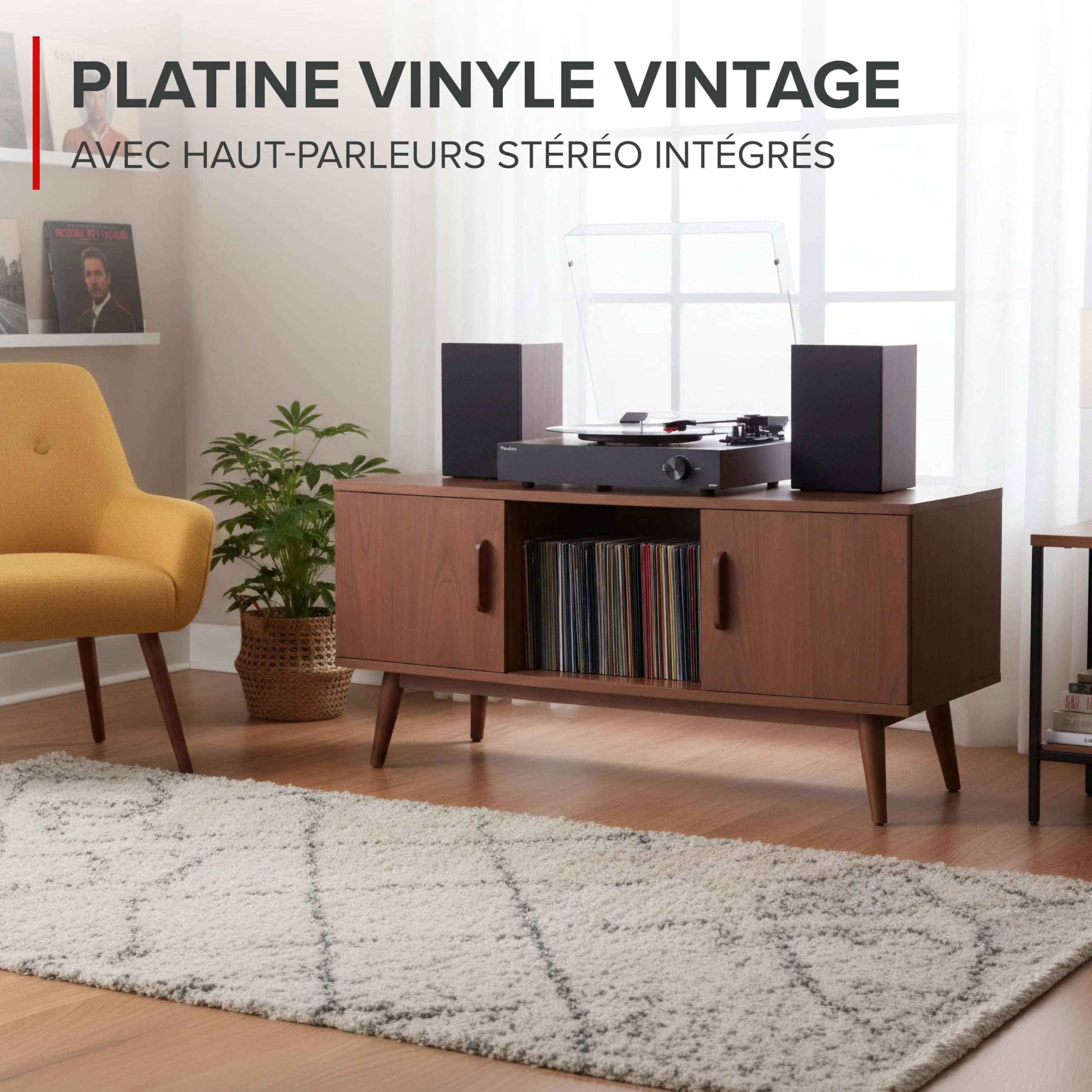 Audizio RP325W - Platine Vinyle Rétro Noyer Noir avec Enceintes Intégrées (60W), BT sans Fil Bidirectionnel, 33/45/78 Tours, Capot Amovible, Lecteur Vinyle Tout-en-Un