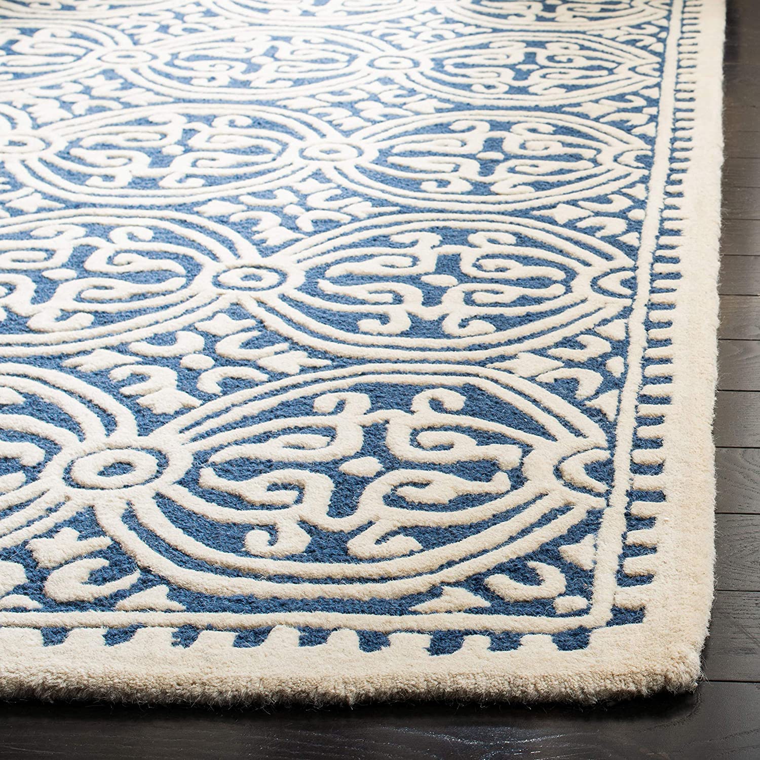 Rugs Valley Craft Carpet HandTufted Wool Carpet Runner for Bedroom Living Area Home with Anti Slip Backing 1 Inch Thickness (4x6 Feet Size Navy Blue/Ivory)