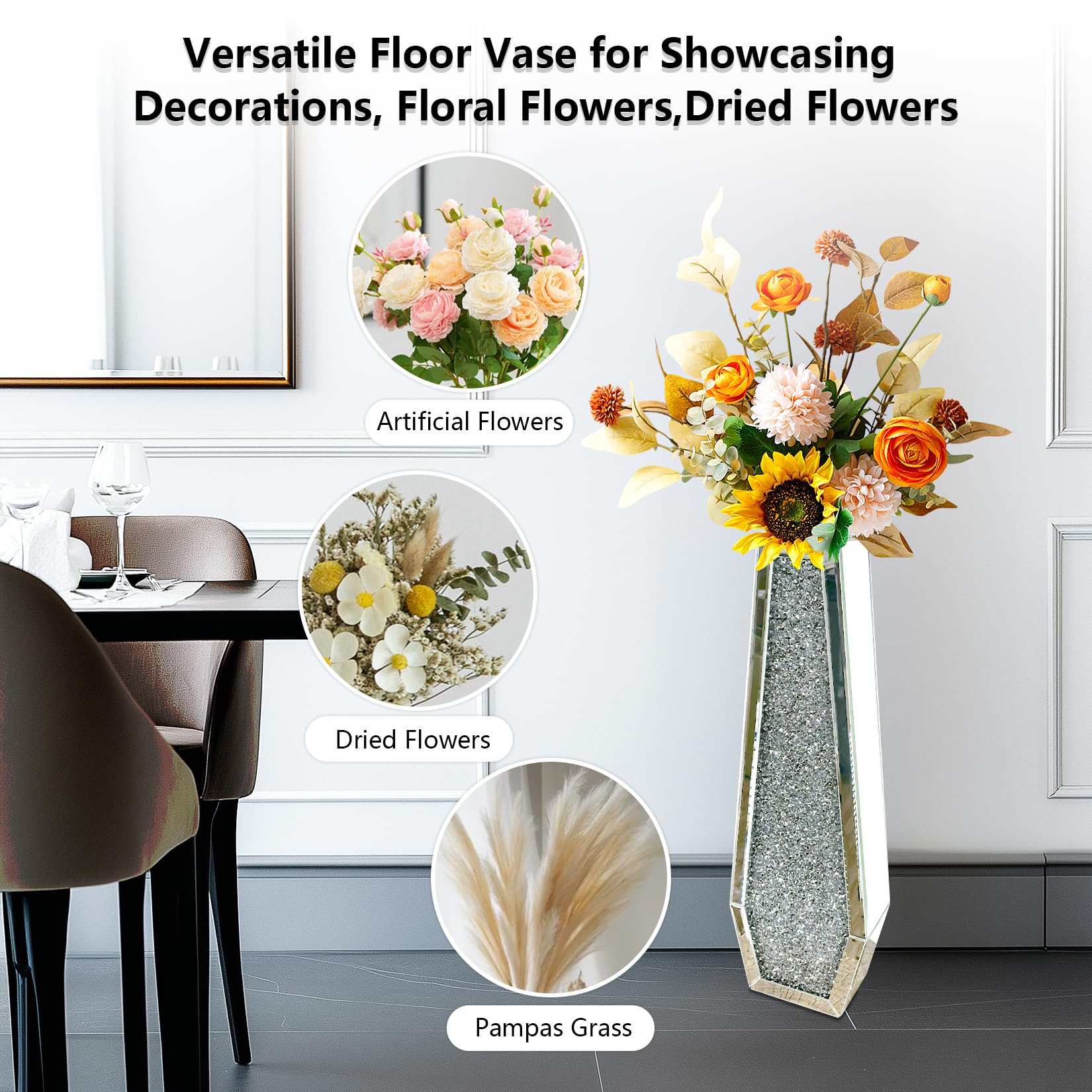 Bodenvase Groß 68cm Hoch Standvase: Silberne Vase Kristall für Pampasgras, Glas verspiegelte Diamanten Blumenvase, Dekorative Luxus Glitzer vasen für Wohnzimmer Home Decor– Kein Wasserhalt