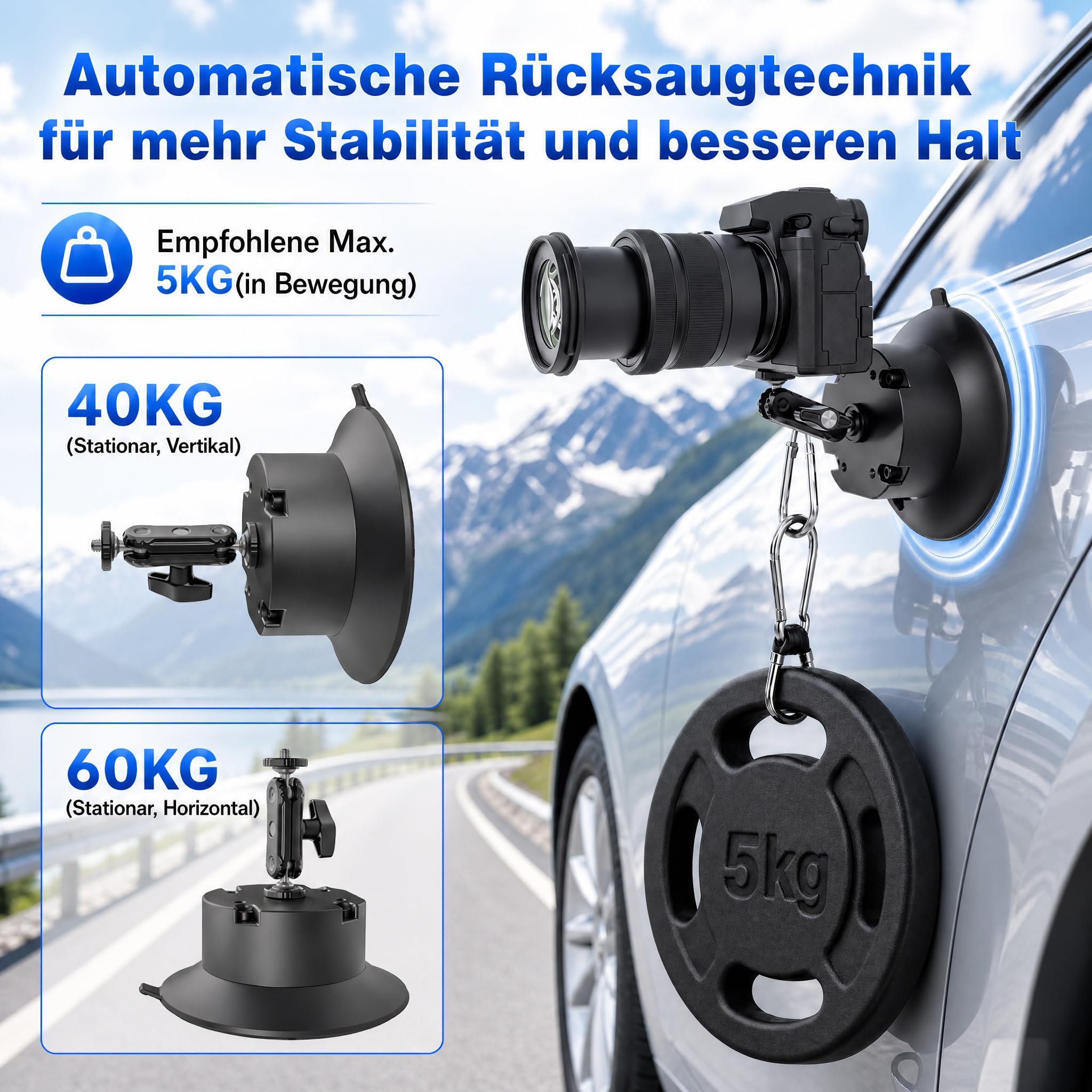 Elektrische Kamera Halterung mit Saugnapf und Aluminium Magic Arm | Kamera Saugnapfhalterung mit Kugelkopf Magic Arm,1/4″Schraube,2000 mAh,Auto-Nachsauge,Typ-C,Auto Halterung für Action-Kameras