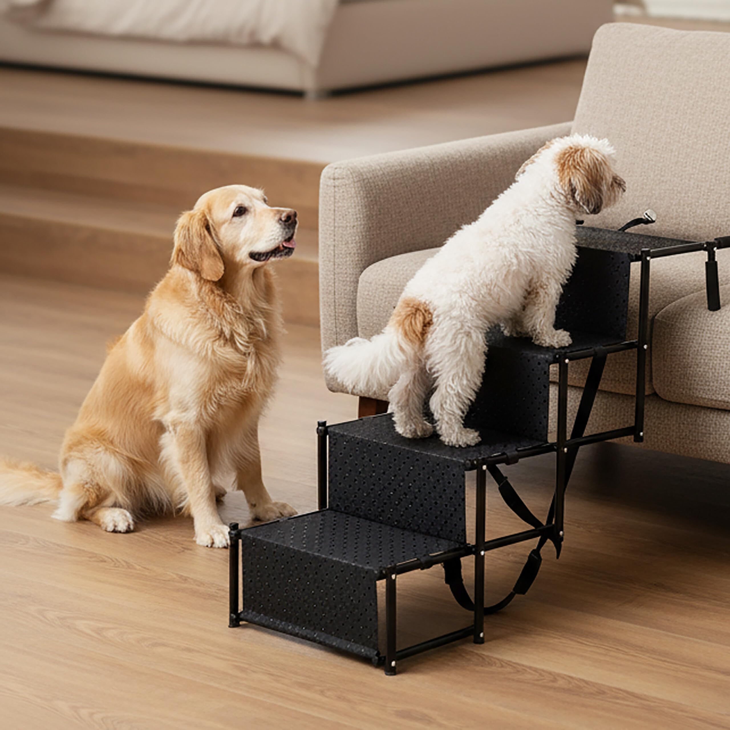 Rampa Plegable Relaxdays para Coche y Perros, 4 peldaños, Antideslizante, 76x101x45 cm, Acero y Tejido Oxford, Negro