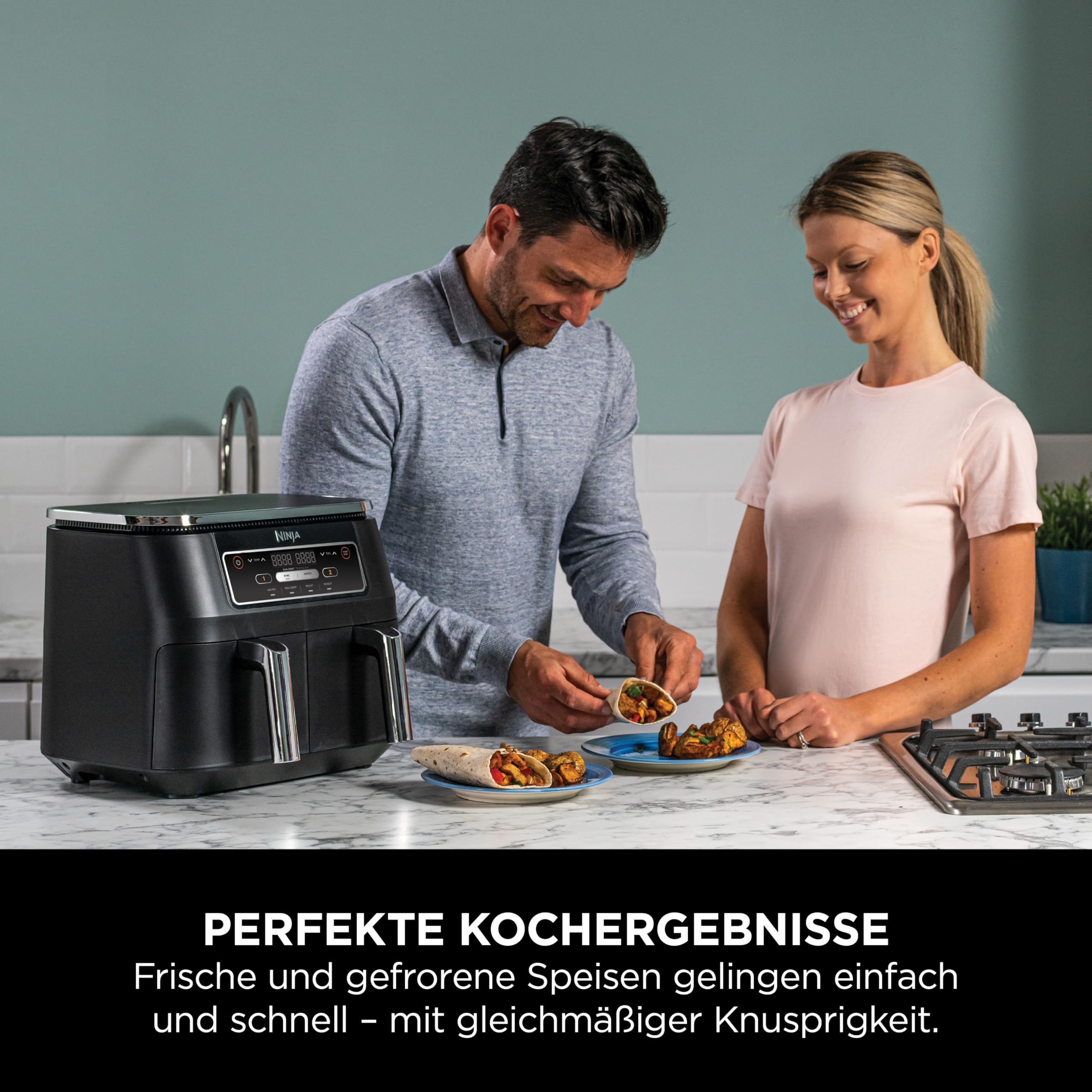 Ninja Foodi Dual Zone Airfryer Heißluftfritteuse, 2 Fächer, 7,6 l, 4-in-1, ohne Öl, Heißluftfrittieren, Max Crisp, Braten, Aufwärmen, antihaft, spülmaschinenfester Korb & Knusperblech, Schwarz AF200EU