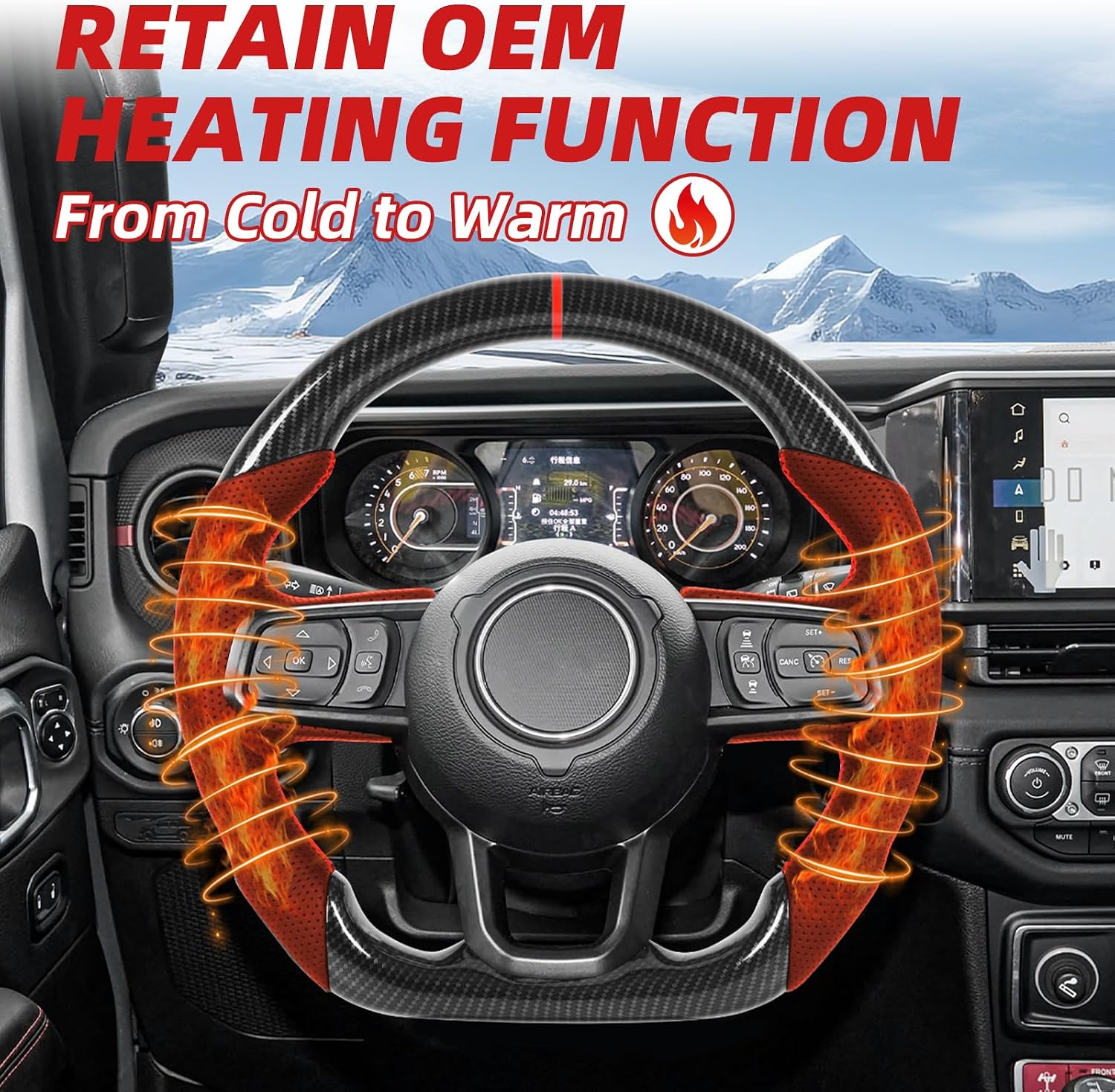Heated Hydro-Dip Carbon Fiber Steering Wheel for Jeep Wrangler JL JLU 2018-2026, Gladiator JT 2020-2026, Rubicon Sahara Sport Willys 4xe, Red Stitching Flat Bottom Sport Grip, Retains Heating Function