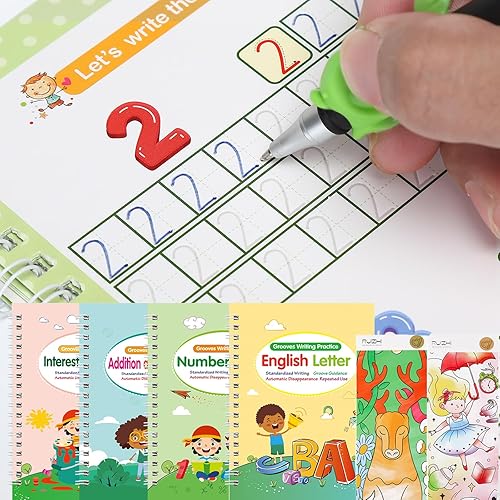 Miniatura 2 de MEGREZ Libros de trabajo de escritura a mano ranurados para niños de 3 a 5 años, libro de práctica de escritura reutilizable preescolar con