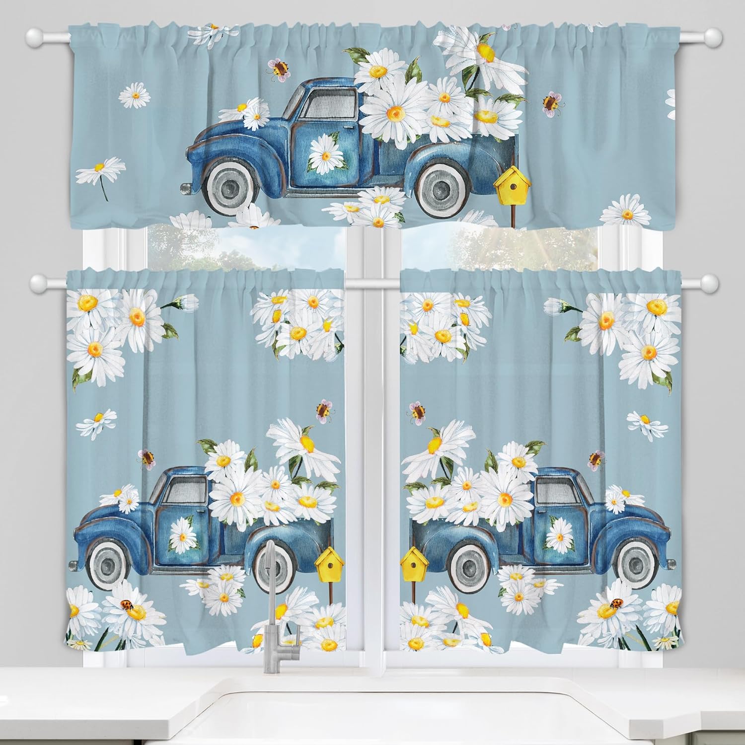 Bonsai Tree 3 Pack Blue Daisy Kitchen Curtains 54x36inch