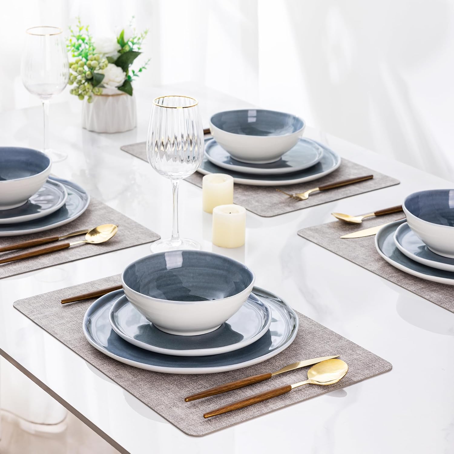 LERATIO Ceramic Dinnerware Sets for 4,Porcelain Plates and Bowls Sets with Wavy Edge,Microwave & Dishwasher & Oven Safe,Light Weight & Scratch Resistant Dishes Sets-Service for 4-Jean blue (12pcs)