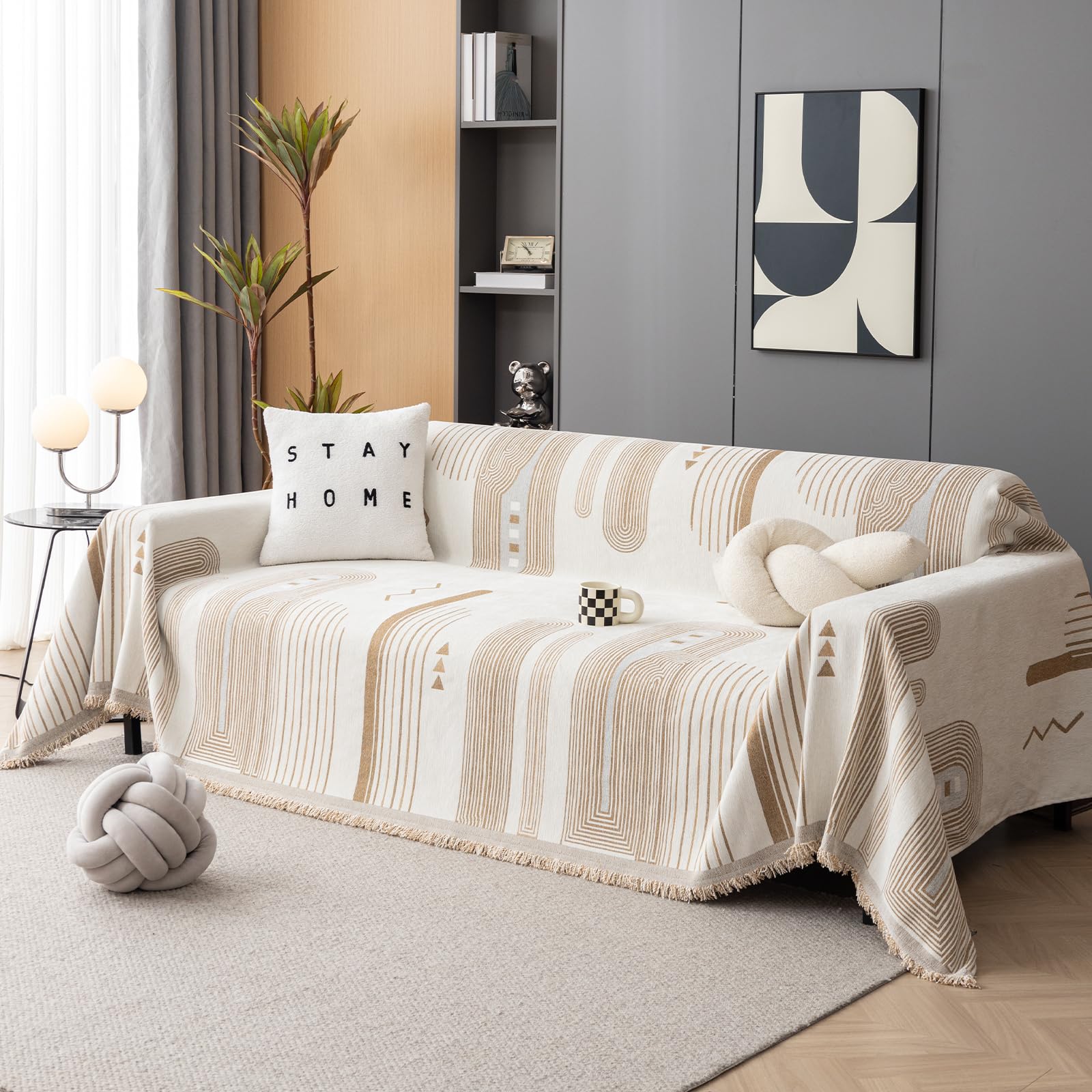 DREAMINGO Stripe Geometric Jacquard Sofa Covers Cream Beige Coffee Couch Cover for 3 Cushion Couch Sofa Pet Couch Cover Protector Washable Chenille Sofa Slipcovers for Sectional Couch, 71"x134" — image 1