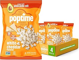 Poptime White Cheddar Popcorn Snack Bags – Gourmet Popcorn Bags, Healthy Snack With Heart-Healthy Avocado Oil, Crunchy, Cheesy, Gluten Free, Vegan, Low Calorie, Non-GMO, Kosher - 4.75 oz - Pack 4