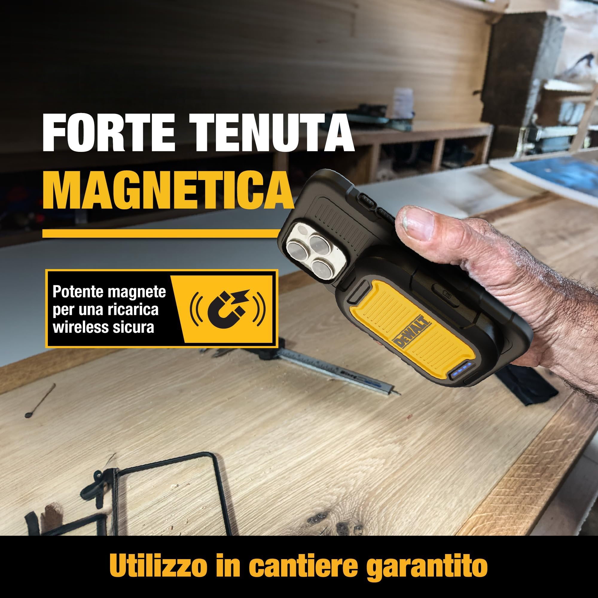 DEWALT Power Bank Magnetico 5000 mAh, Caricabatterie Portatile Wireless 18 W con USB-C, Compatibile MagSafe, IP55 Impermeabile, Ricarica Rapida per iPhone 15/14/13/12