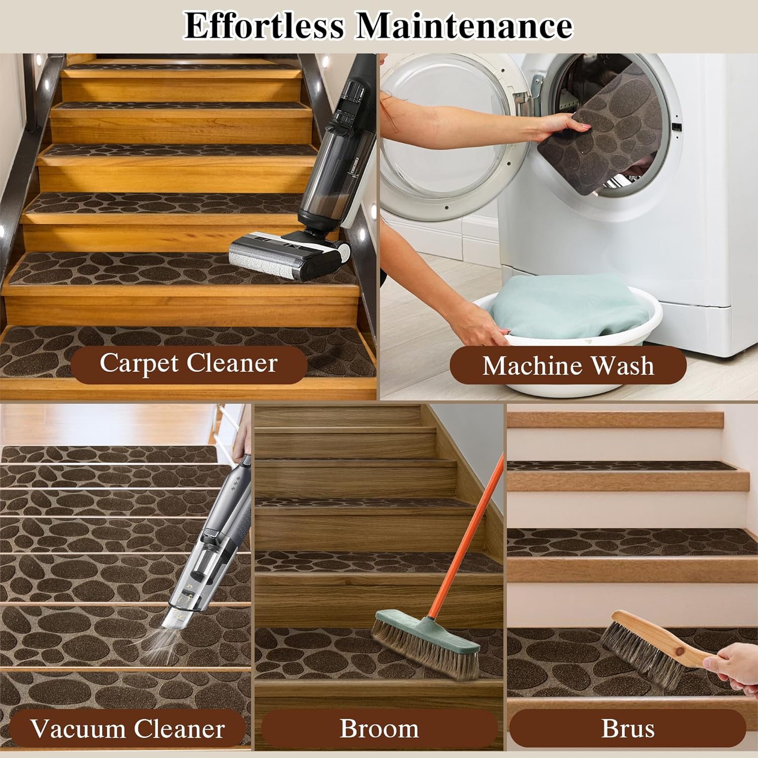 Self Adhesive Residue Free Machine Washable Reusable Stair Treads Non Slip Steps - 100% Polyester Heavyduty TPE Backing Wooden Stair Runner Indoor - 4 Pack 30"X8" Anti Slip Mats - Stone Coffee