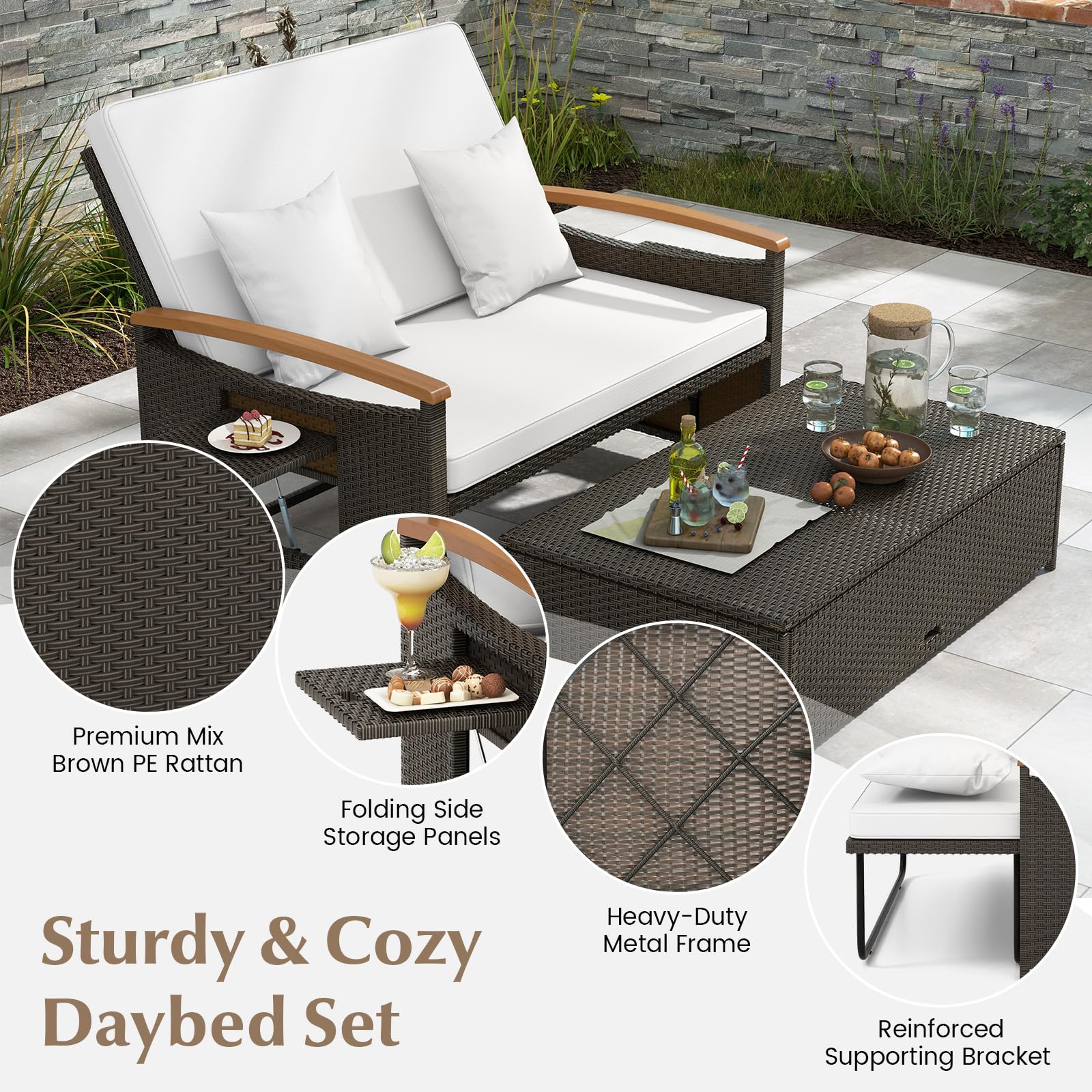 GIANTEX Zestaw mebli ogrodowych z rattanu, 2-osobowa sofa rattanowa i stołek, sofa rozkładana z bocznymi stolikami i poduszkami, podwójny leżak do ogrodu, na balkon, taras (brązowy+beżowy)