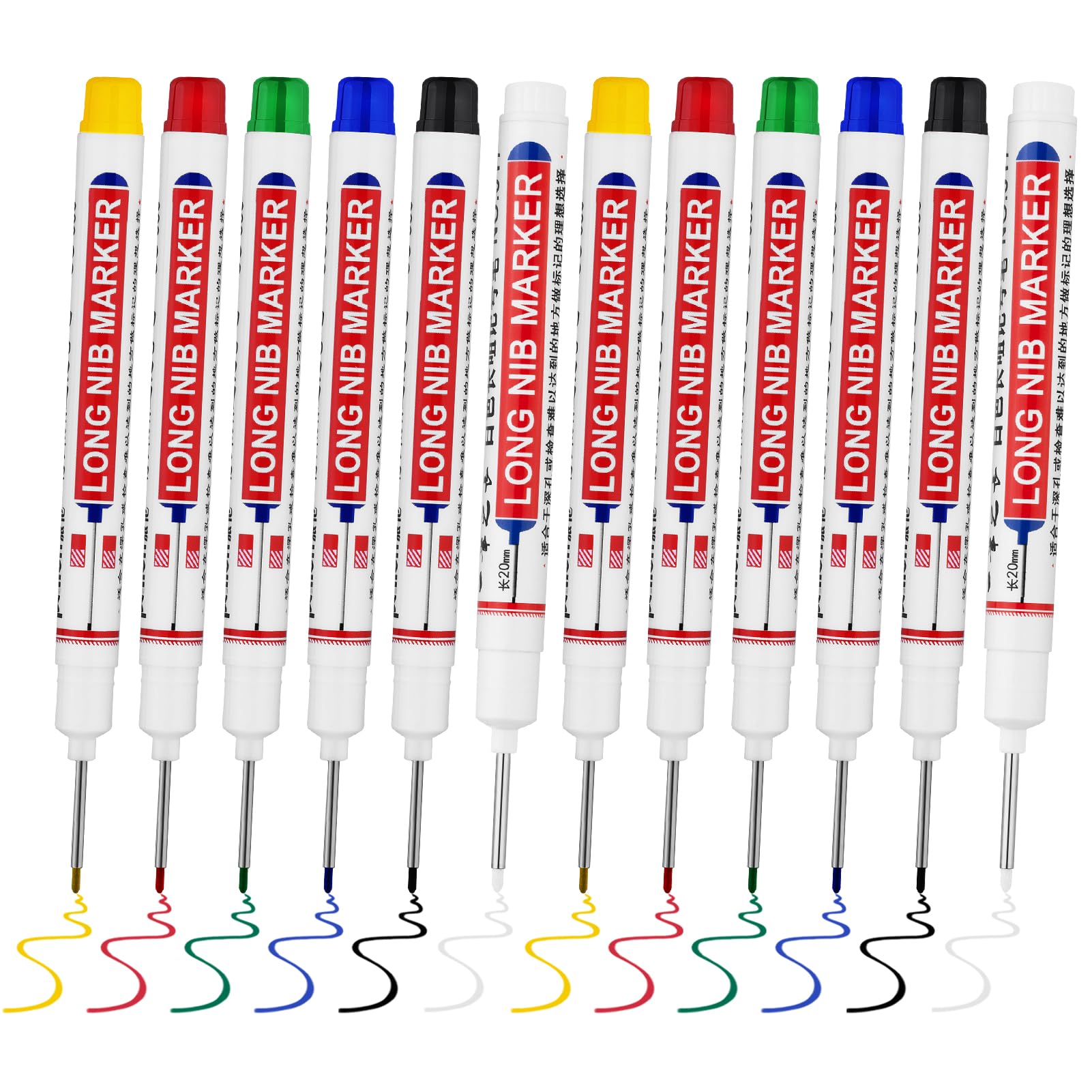 12 PCS Long Head Deep Hole Marker Pens,20mm Long Nib Marker,Longs Nose Markers,Waterproof Construction Markers Marking Tool,Permanent Markers Carpenter Ink marker Pens,Metal marking Pen