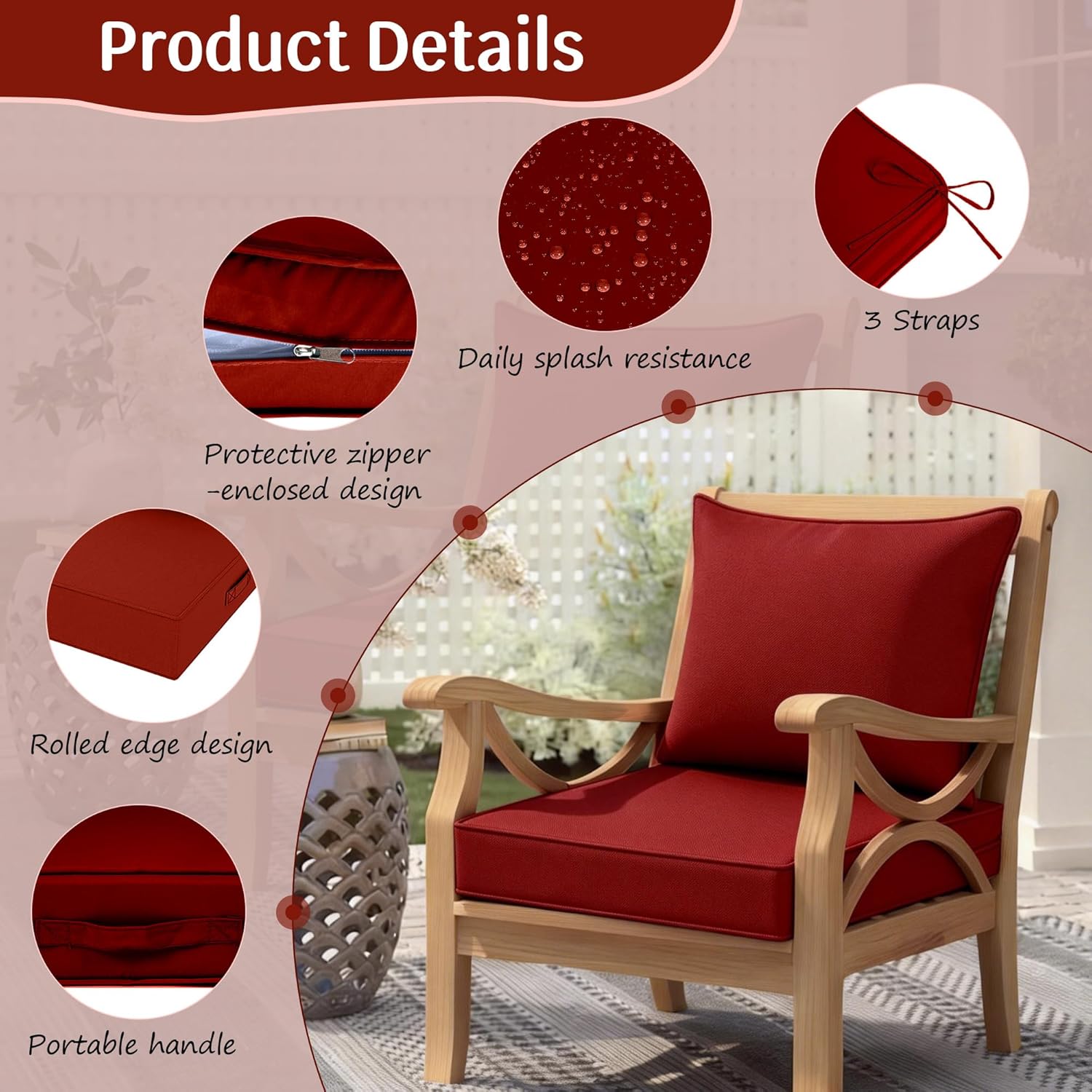 2 Set Outdoor Deep Seat Cushion Patio Furniture Cushions 19x19x4 inch, Outdoor Chair Cushions with Ties & Portable Handle, Foam Cushions for Lawn Chair, Fit for 18''-20'', Brick Red