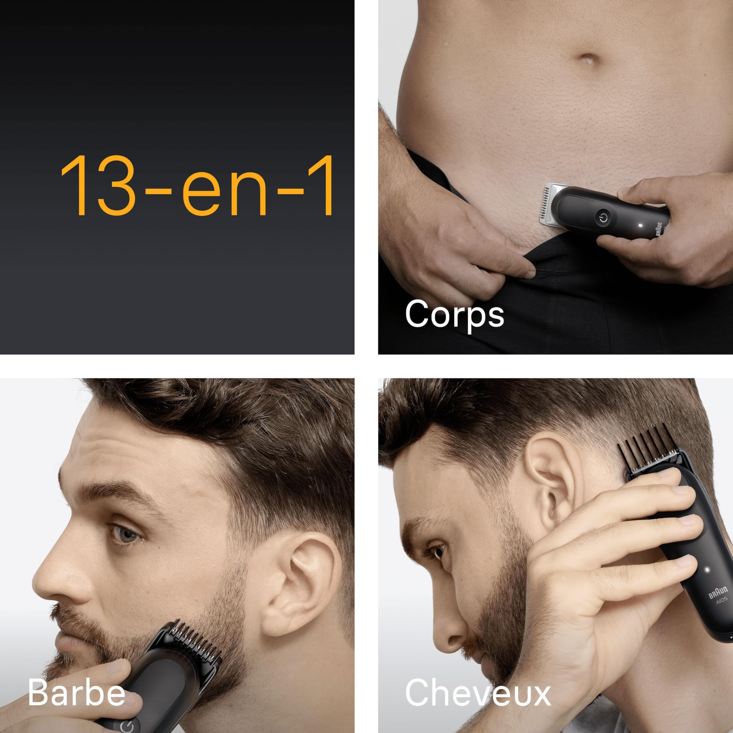 Braun Series 5 AIO5565 Tondeuse Electrique Homme 13-en-1 Noire Etanche Batterie Rechargeable Lame Ultra Affutée Coffret 8 Sabots