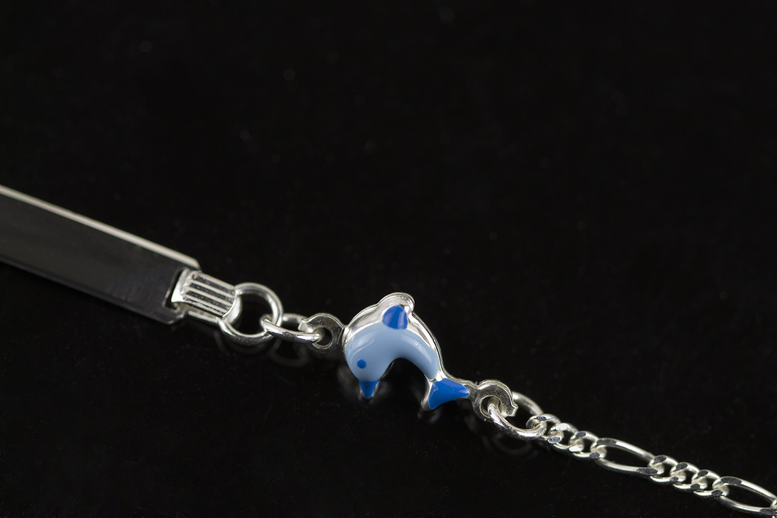 Aka Gioielli® - Bracciale Targhetta Identificativa Bambino Argento 925 con Delfino Azzurro Smaltato, Idea Regalo