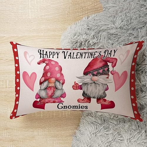 Miniatura 5 de Feliz día de San Valentín lindos gnomos con almohadas lumbares de corazón fundas de almohada decorativas de 12 x 20 pulgadas funda de cojín de lino