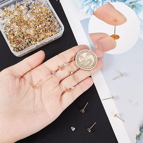 Miniatura 3 de Beebeecraft 1 caja de 200 piezas de aretes de perlas chapados en oro de 24 quilates para cuentas medio perforadas con 200 tuercas de plástico de