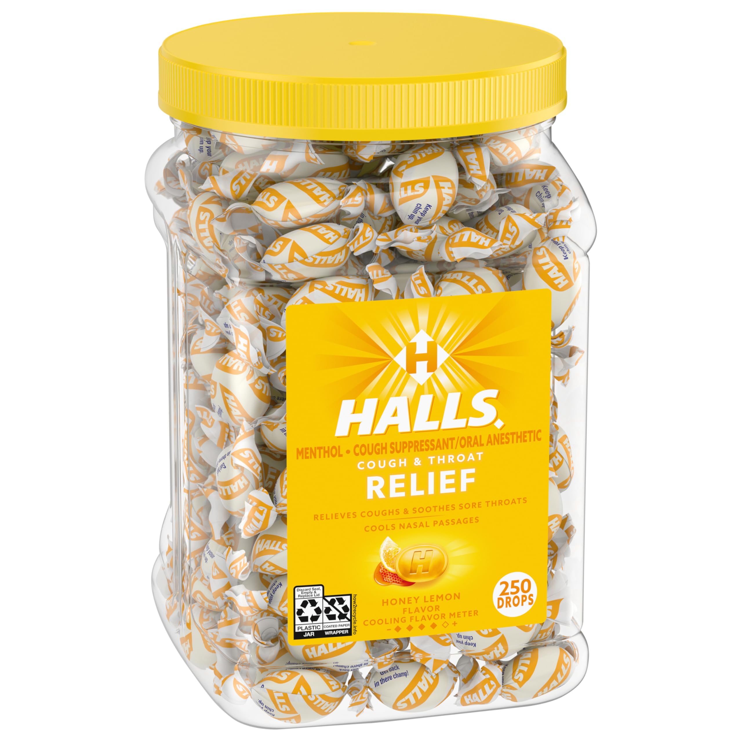 HALLS Cough and Throat Relief Honey Lemon Cough Drops, Bulk Pack, 250 Drops