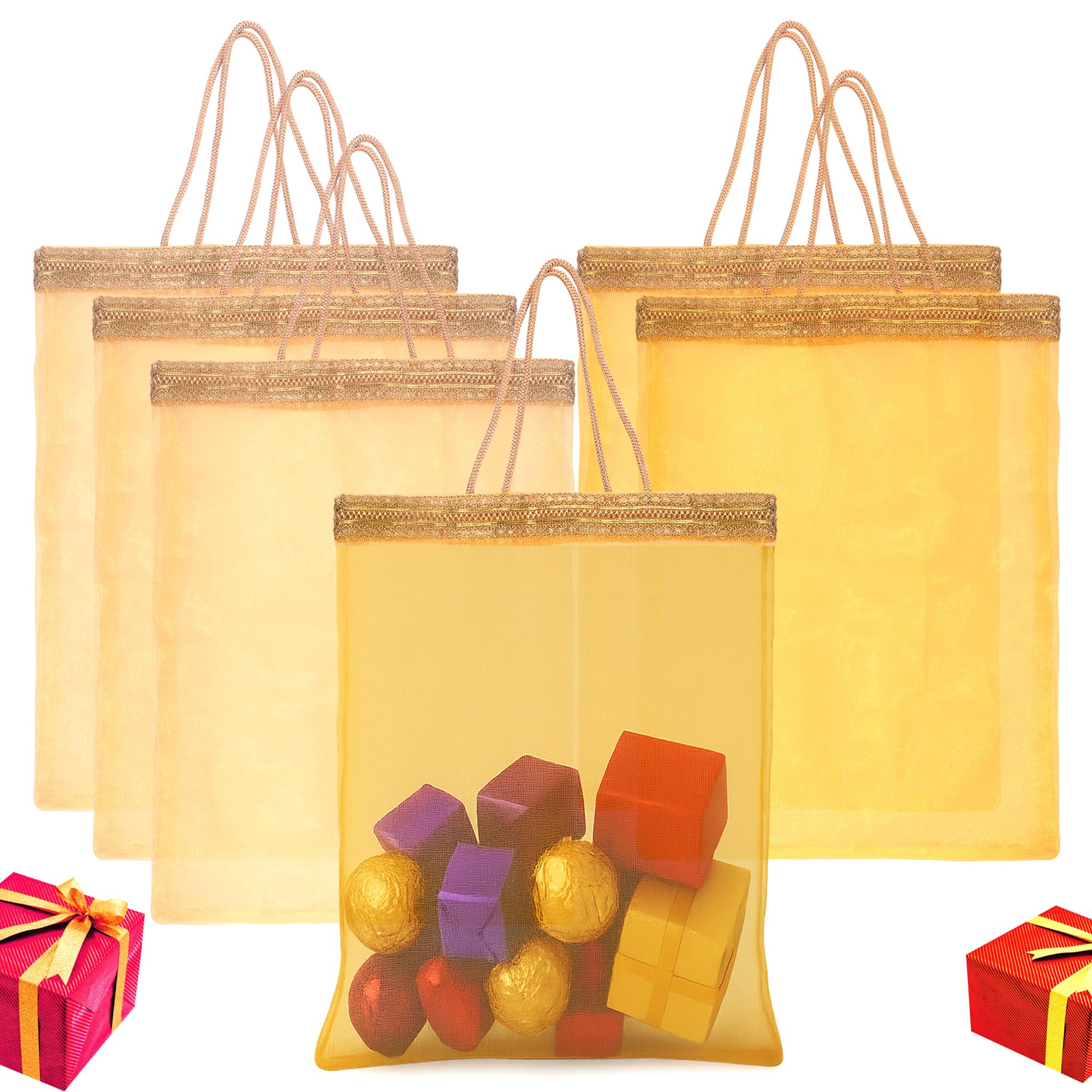 Kuber Industries 6 Pcs Tissue Organza Fabric 12x16 Inch Potli Bags for Ladies | Potli Bags for Return Gifting & Shagun, Wedding | Party Handbags for Festive Seasons | Gota Work - Yellow & Cream-image-35